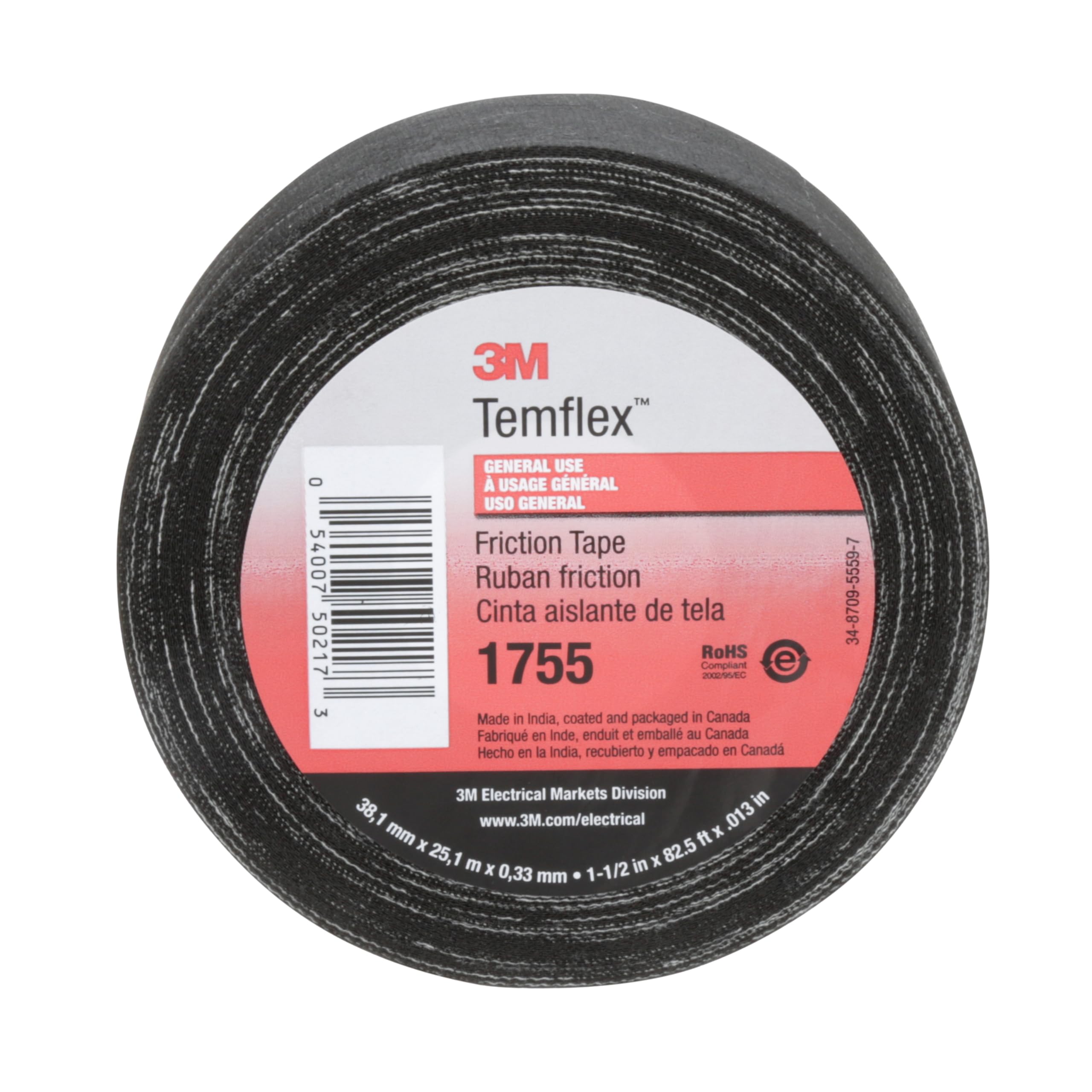 3M Temflex Cotton Friction Tape 1755, Black, 1-1/2" Width, 82-1/2 Foot Length