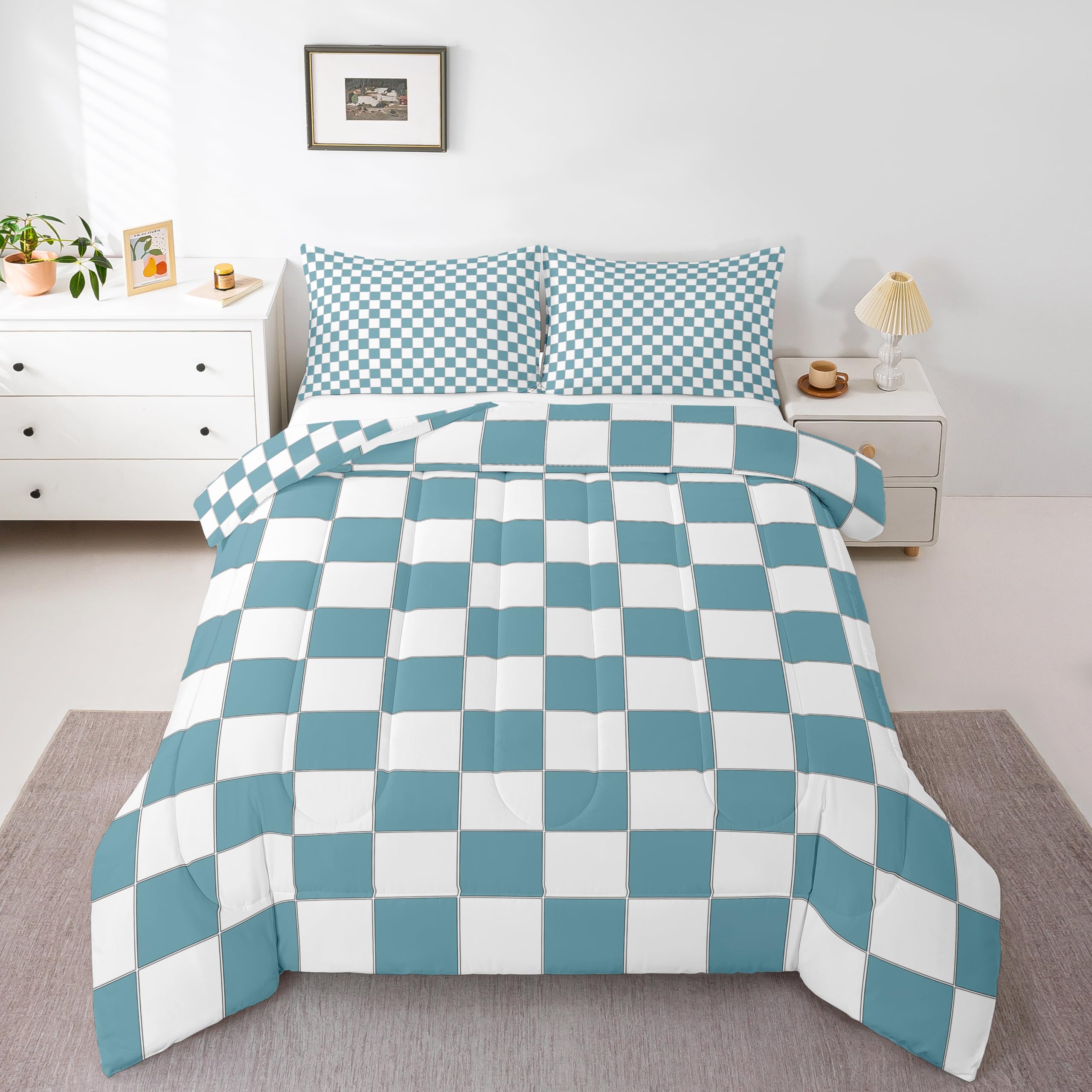 Erosebridal White Blue Checkered Boys Comforter Set Twin Size Buffalo Plaid Grid Kids Bedding Set Teen Men Checkerboard Quilt Set Aesthetics Gingham Duvet Set Modern Room Decor