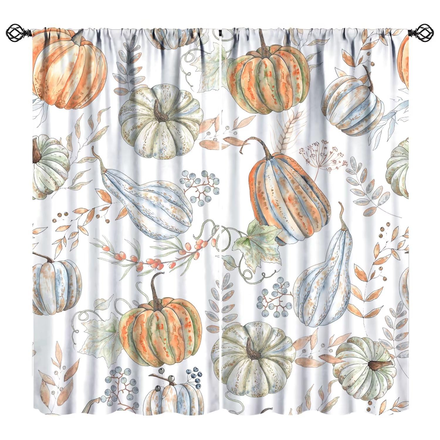 Autumn Window Curtain,Rustic Farmhouse Autumn Pumpkin Maple Leaves Harvest Branches Watercolor Style Rod Pocket Window Drapes for Living Room Bedroom Kitchen W84xL84in