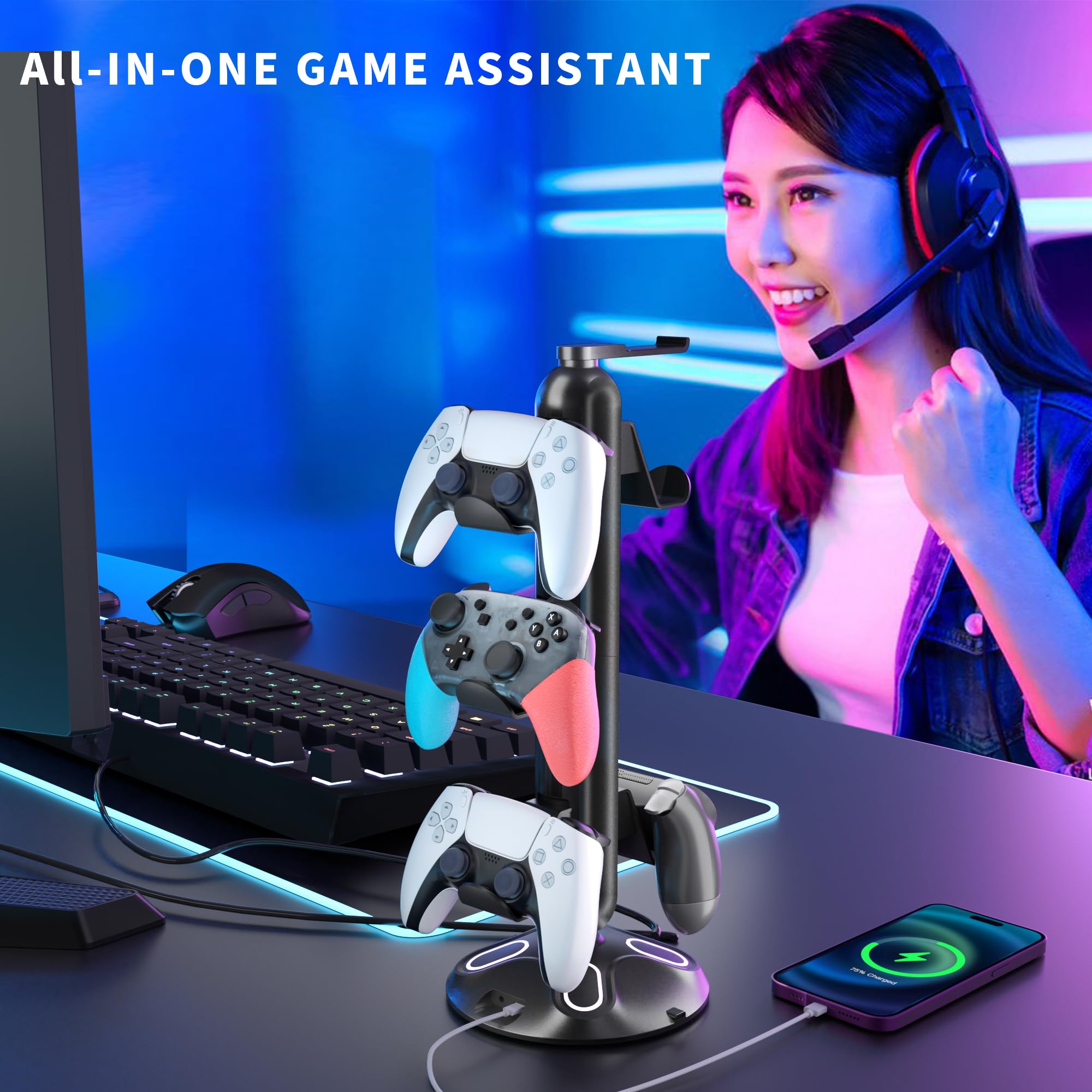 Gaming RGB Kopfhörerständer, Controller-Halterung mit 9 Lichtmodi – Headset-Ständer mit 2 USB-Ladeanschlüssen und 3,5 mm & Typ-C – Controller-Ständer Aufhänger Zubehör für Schreibtisch und