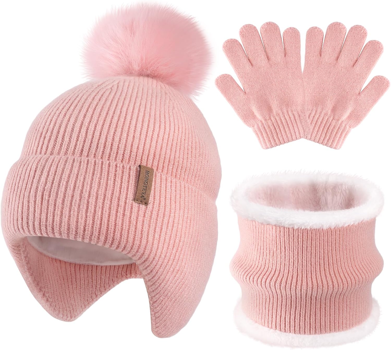 HONGTEYA Kids Winter Hat Gloves Scarf Set, Toddler Children Beanie Hat with Pom Neck Warmer Gaiter Mittens Fleece Lined Set HONGTEYA Kids Winter Hat Gloves Scarf Set, Toddler Children Beanie Hat with Pom Neck Warmer Gaiter Mittens Fleece Lined Set