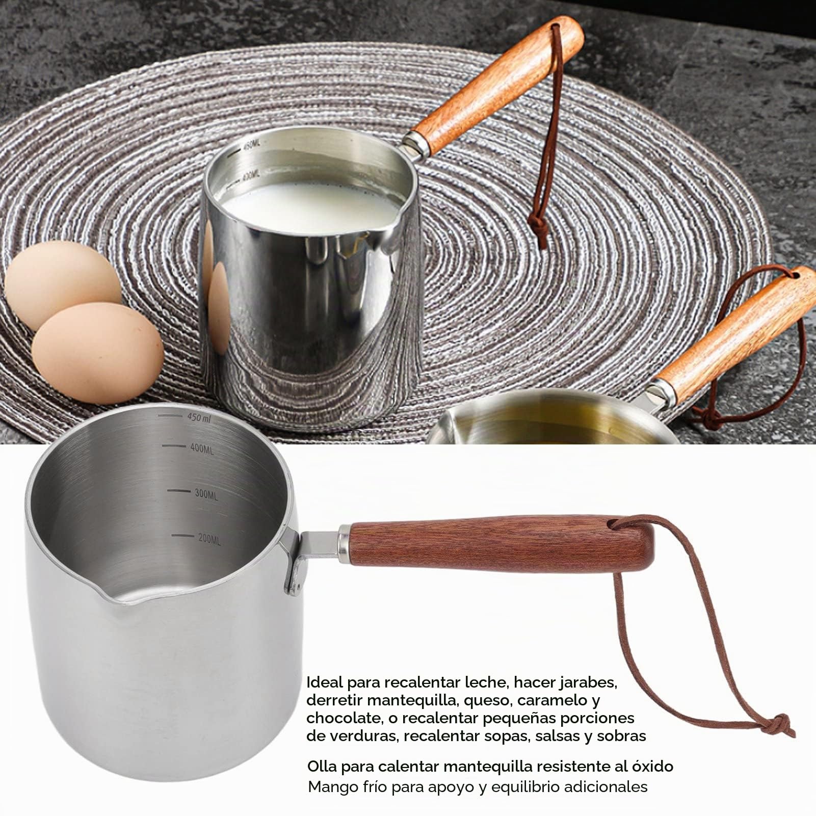 Calentador de Mantequilla de Acero Inoxidable, Olla de Leche de café de Chocolates con Pico de Vertido Doble Cacerola Pequeña de 450ML para Cocina Casera