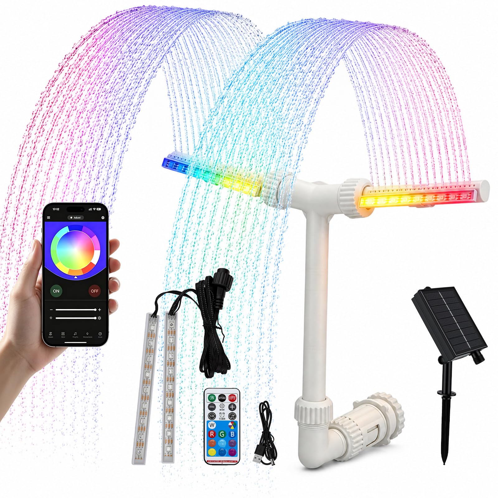 Fontana di Piscina, Fontana Solare a Doppia Testa con Illuminazione RGB, 11 Colori, Controllo APP e Telecomando, 6 Modalità di Illuminazione, Jet Regolabile 0,5-3 m, Per Piscine Fuori Terra e Sepolte