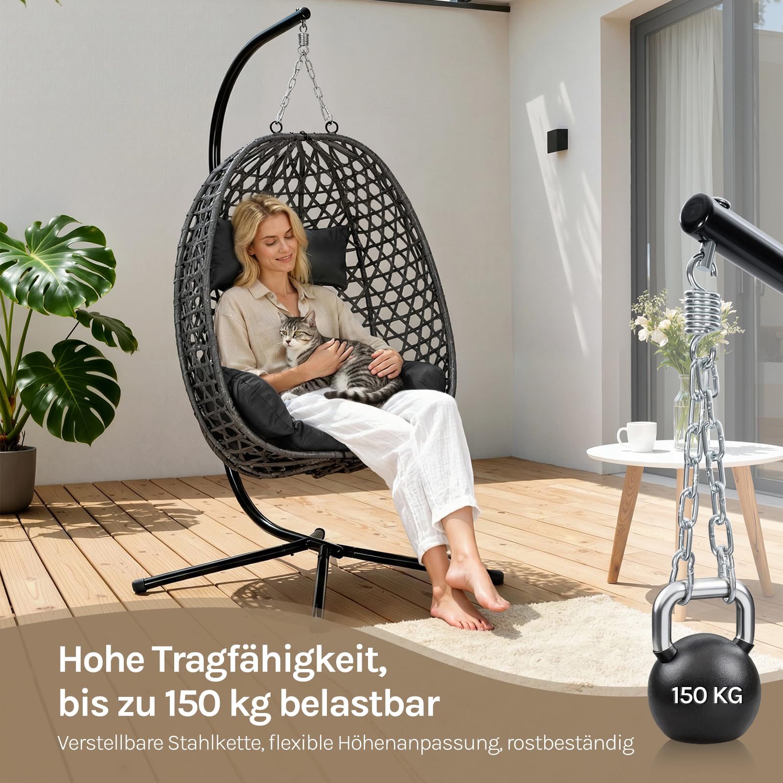 WOLTU Hängesessel mit Gestell, bis 150 kg belastbar, PE-Rattan Hängestuhl, mit Sitzkissen und Kopfstütze, für Indoor und Outdoor, Schwarz