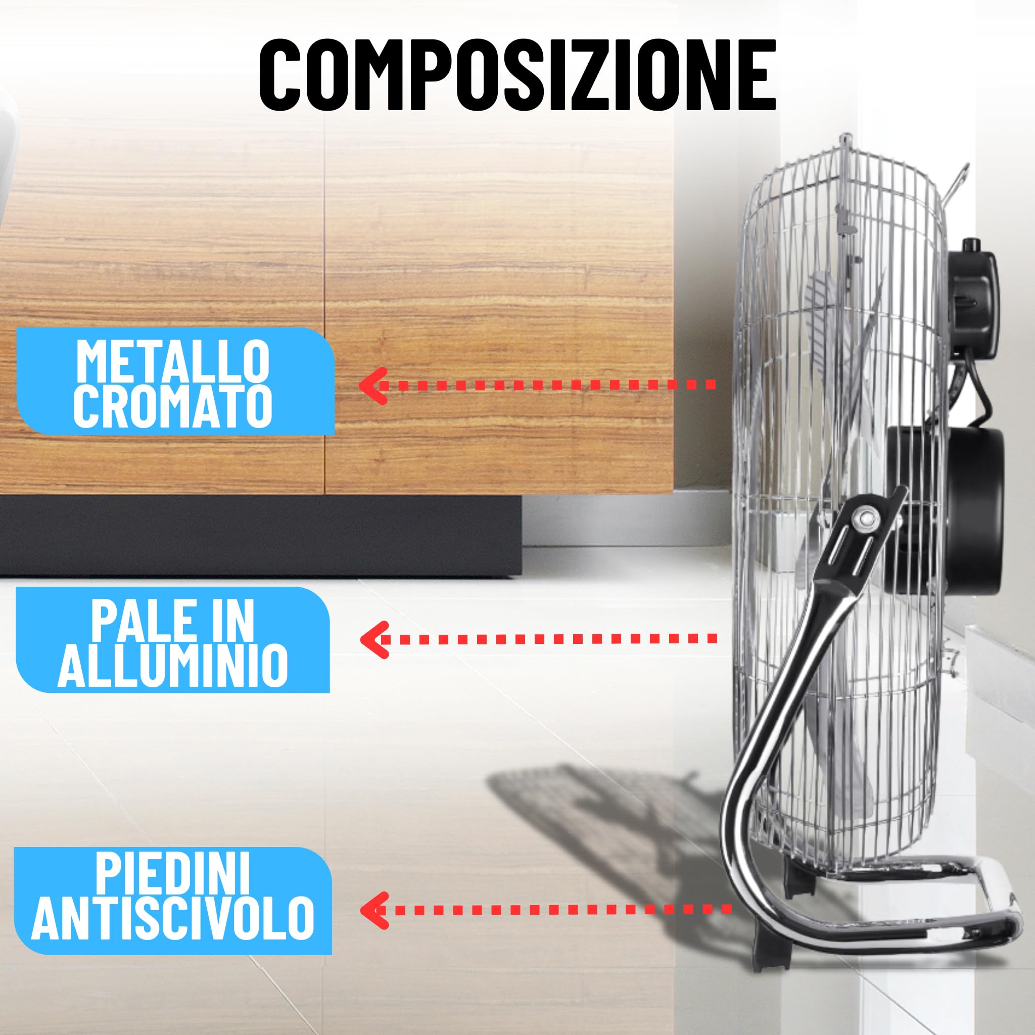 Ventilatore da Terra 100 Watt Inclinabile 3 Velocità da Pavimento in Metallo Alta Resistenza da Ufficio, Industriale, Casa (Nero)