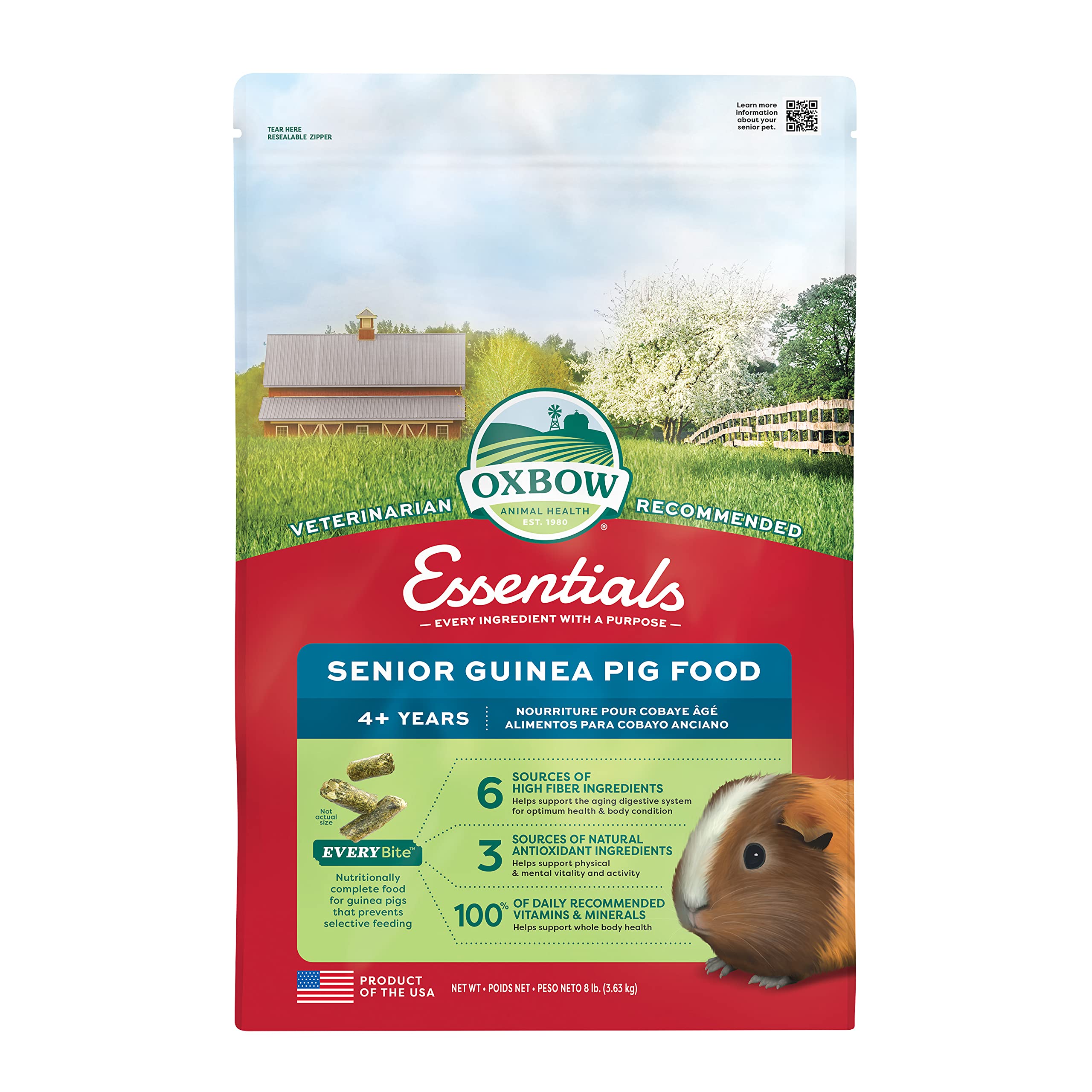 Oxbow Essentials Senior Guinea Pig Food, Made with Oxbow Alfalfa for Guinea Pig, Pet Food Pellets with Vitamin C, Small Animal Pet Products, Made in USA, High Fiber, 8 lb. Bag
