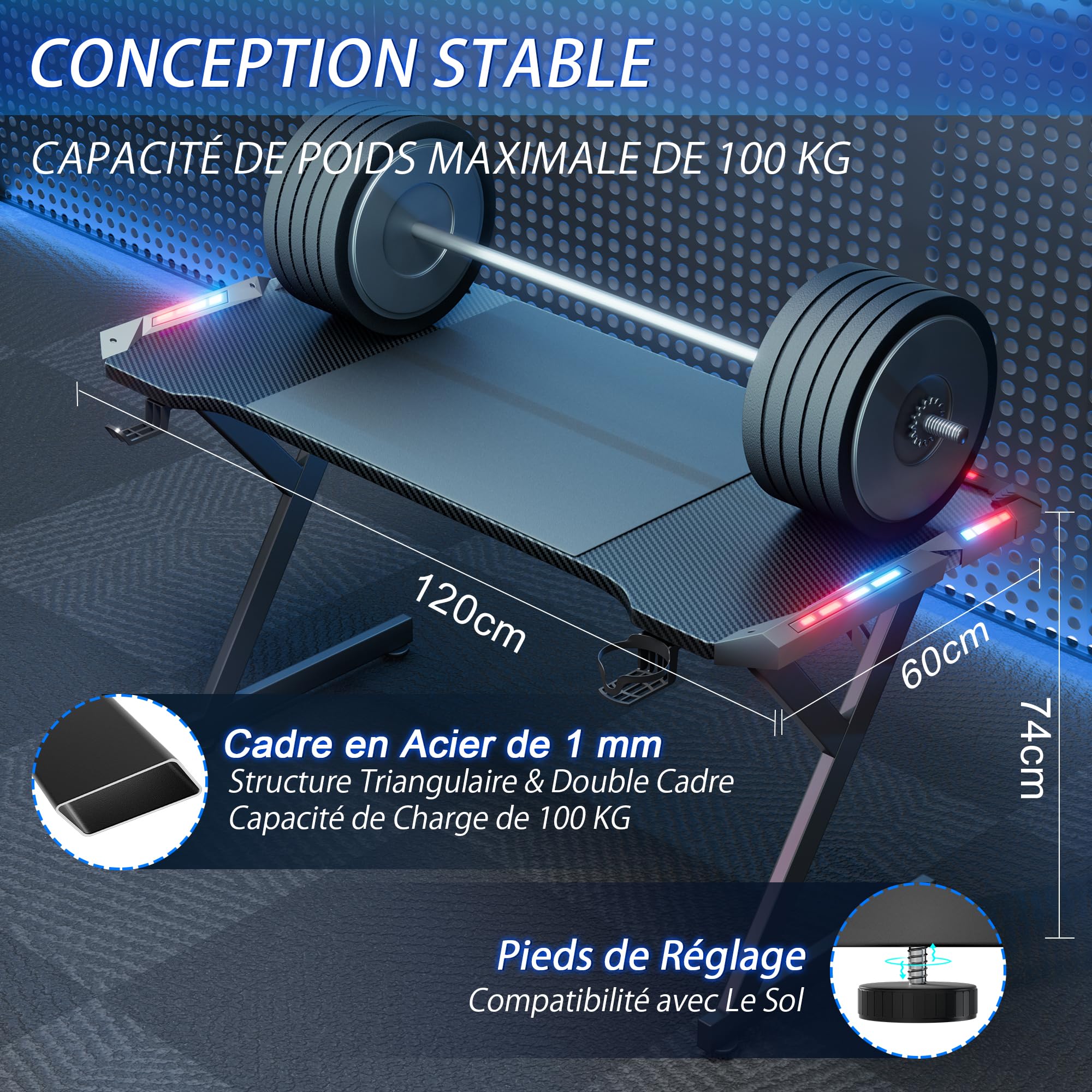 Bureau Gaming LED 120 x 60 cm, Bureau Informatique Ergonomique avec Porte-gobelet et Crochet pour Casque, Plateau en Fibre de Carbone, Table Gaming Noire