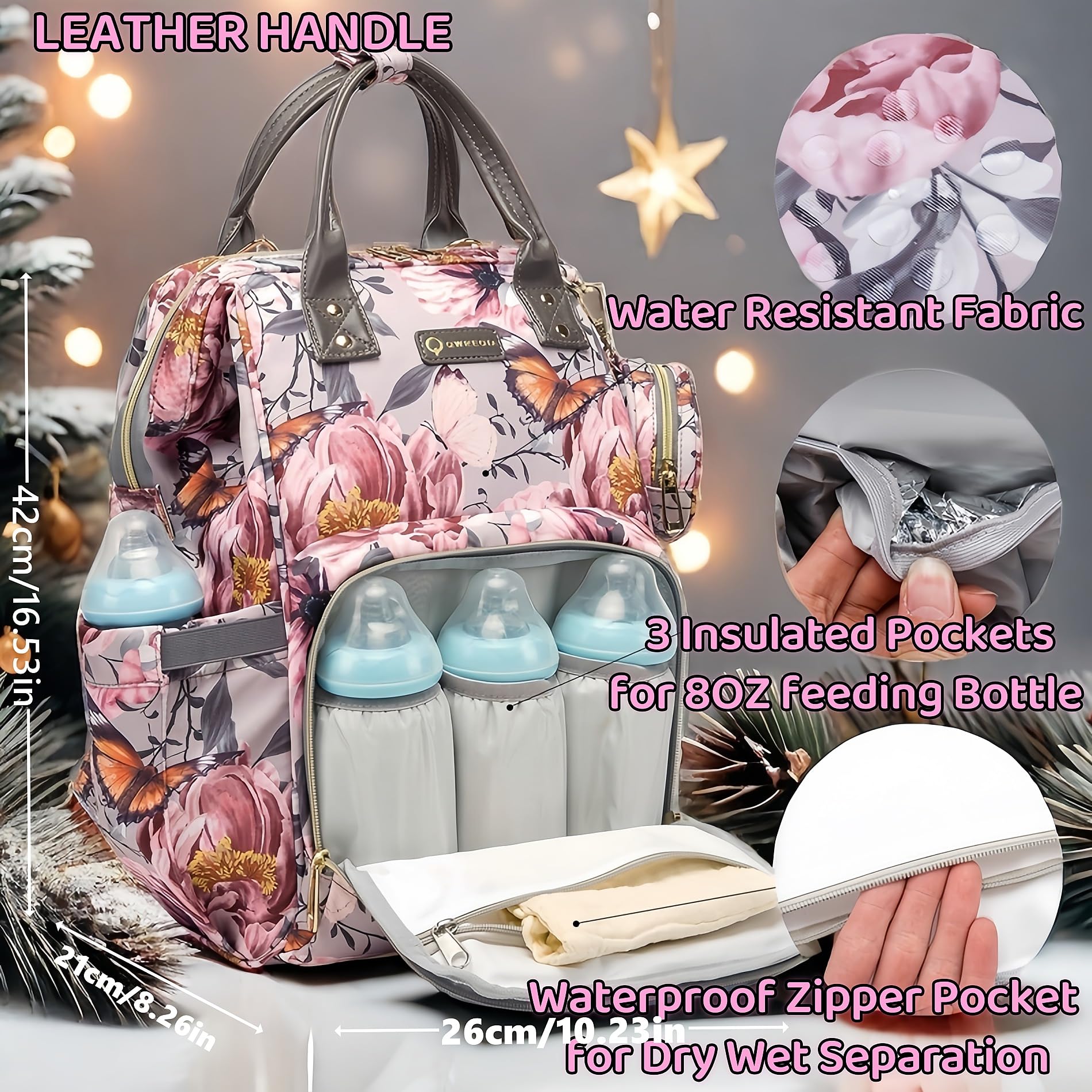 Borsa per pannolini con motivo floreale, con portamonete, porta di ricarica USB, cinghie per passeggino e tasca isolata, zaino da viaggio per donne/mamme (motivo floreale grigio rosa)