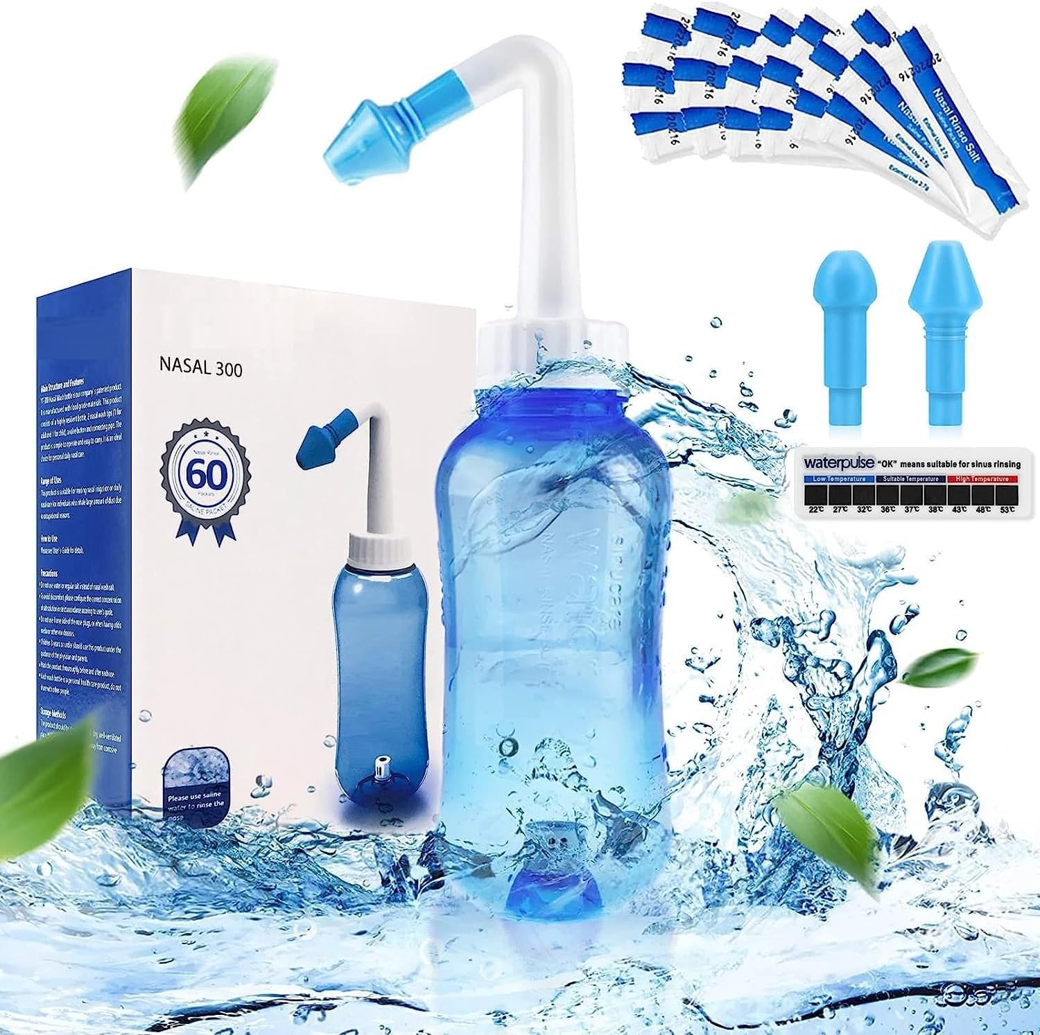 ShopiBuy Nasal Wash Bottle, Abnaok Sinus Rinse and Nasal Irrigation Nasal Wash Bottle Pot Device Sticker Thermometer Doctor Suggestion Product - Sinus Rinse For Adults Children Nose Care 300 ML.
