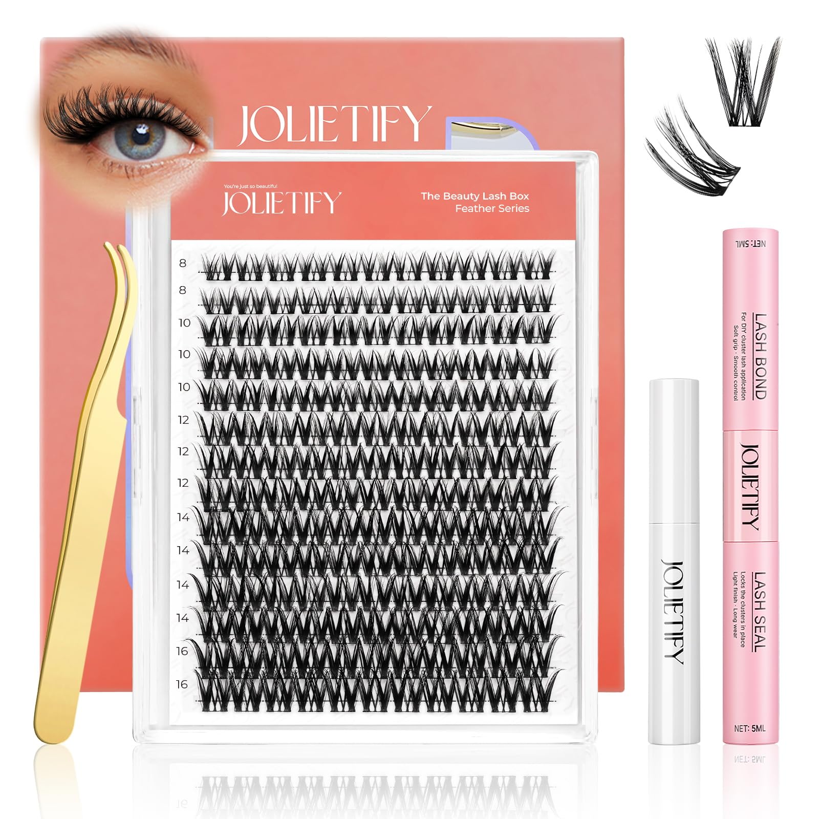 JOLIETIFY Lash Extension Kit, Medium Dense, DIY Faux Mink Cluster Lashes 8-16mm, Waterproof Bond & Seal, Reusable Individual Lashes, Eyelash Tweezers