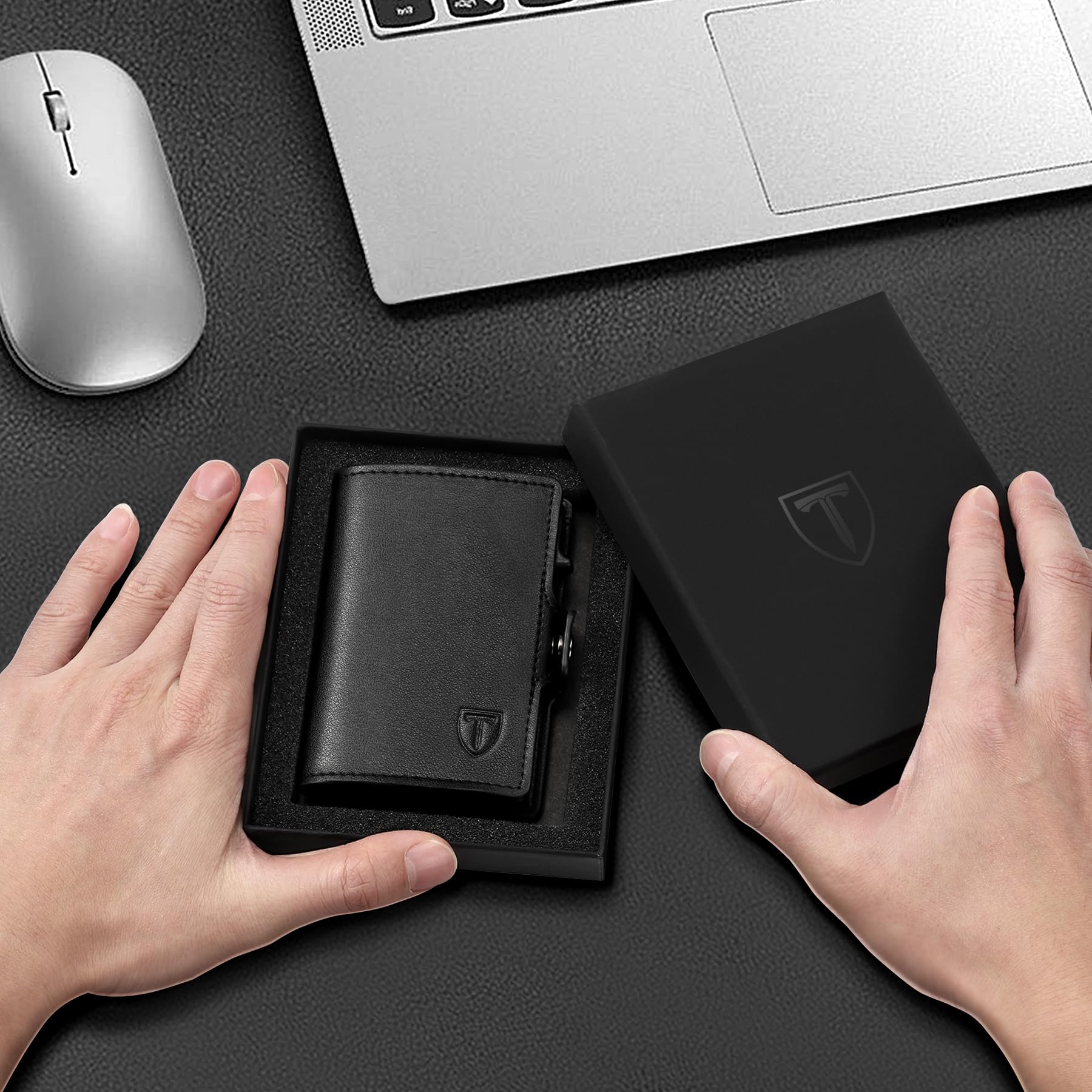 TEEHON Tarjeteros para Tarjetas de Credito | Cartera para Hombre y Mujer con Monedero | Automática Pop-up Billeteras de Protección RFID | Regalos para Hombres | Negro (A-Negro)