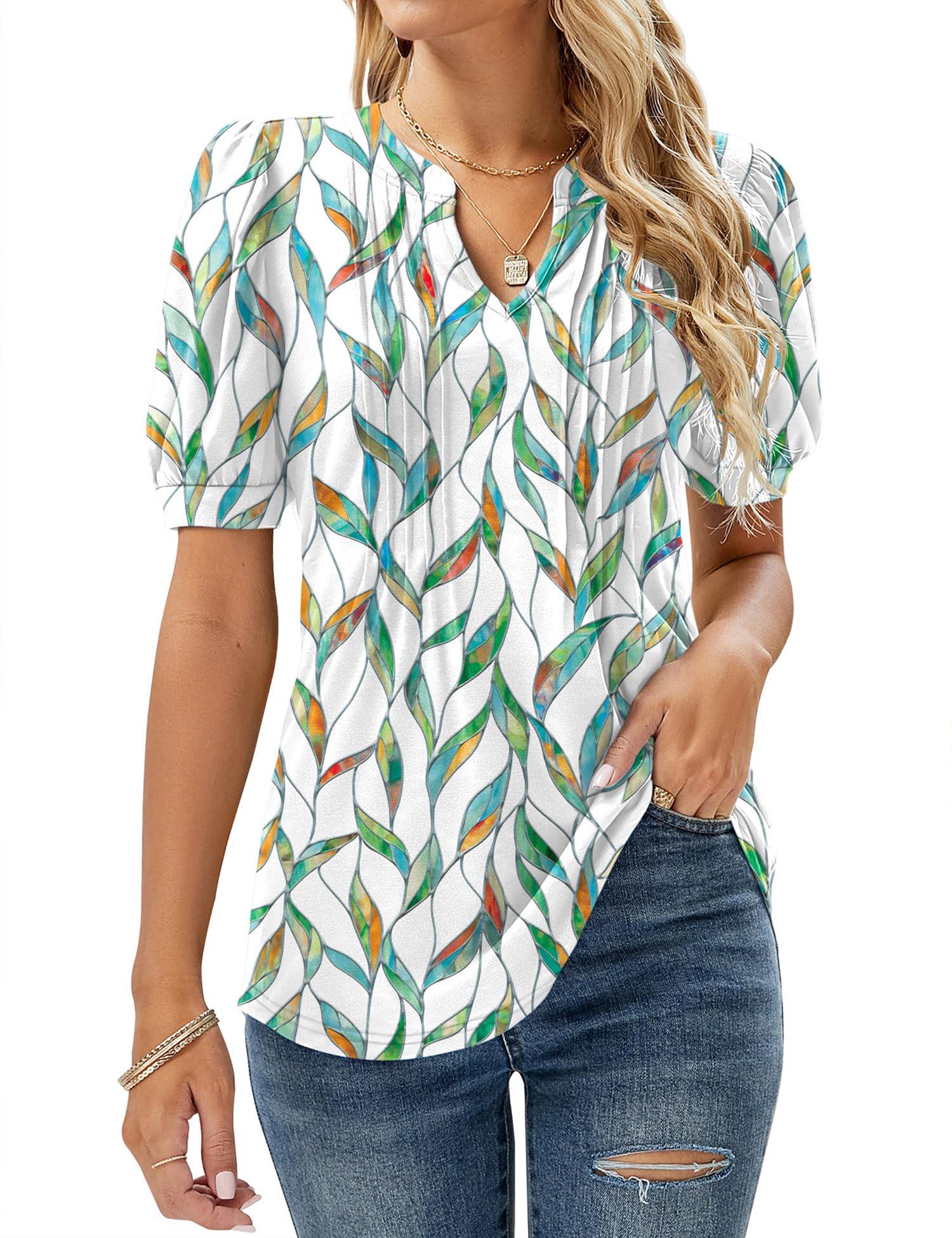 EFFAN Bluse Damen Kurzarm T-Shirts V-Ausschnitt Blumen Falten Tunika Sommer Oberteile Locker Lässig Longshirt…