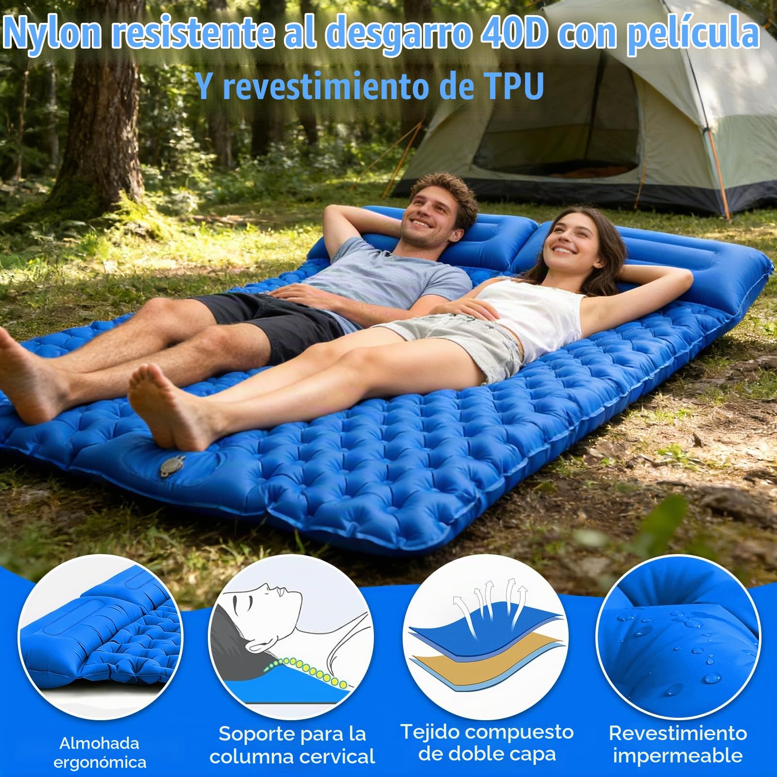 Colchón Camping 2 Personas, Colchoneta Camping Ampliado y Grueso, Esterilla Camping con Bomba de Pie Incorporada, Ultraligero Plegable Cama Hinchable, Ideal para Exteriores, Trekking, Playa