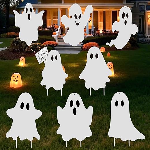 8PCS Halloween Ghost Yard Signs Boo Ghost Outdoor Decor with Stakes Double-Side Hanging Ghosts Plastic Scary Spooky Decoration for Home Front Yard Patio Garden Halloween Party Decorations