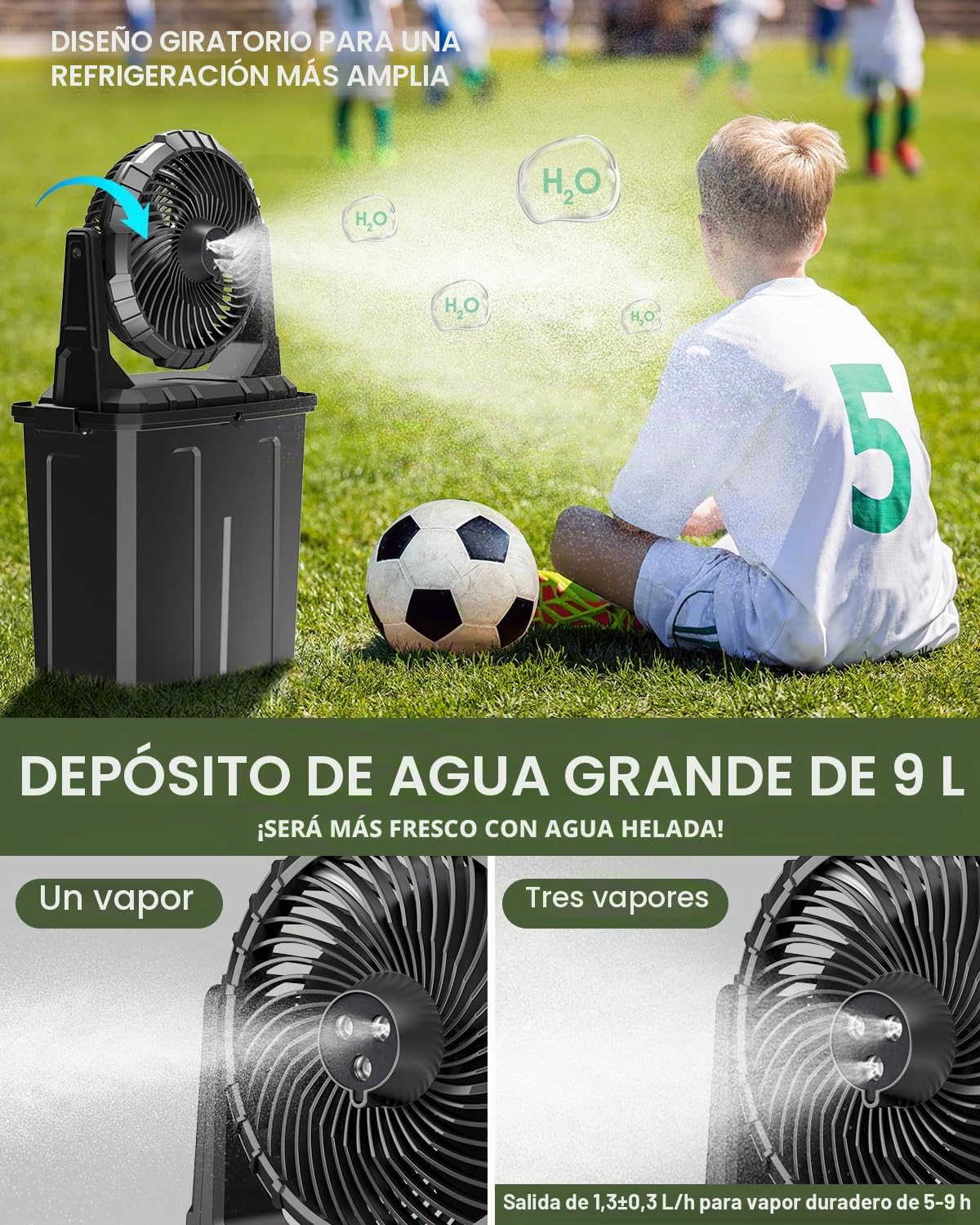 Ausic Ventilador de nebulización portátil, 9 litros de 10 pulgadas, ventiladores de niebla para exteriores para enfriar patios exteriores, ventilador de batería recargable de 30000 mAh con caja de