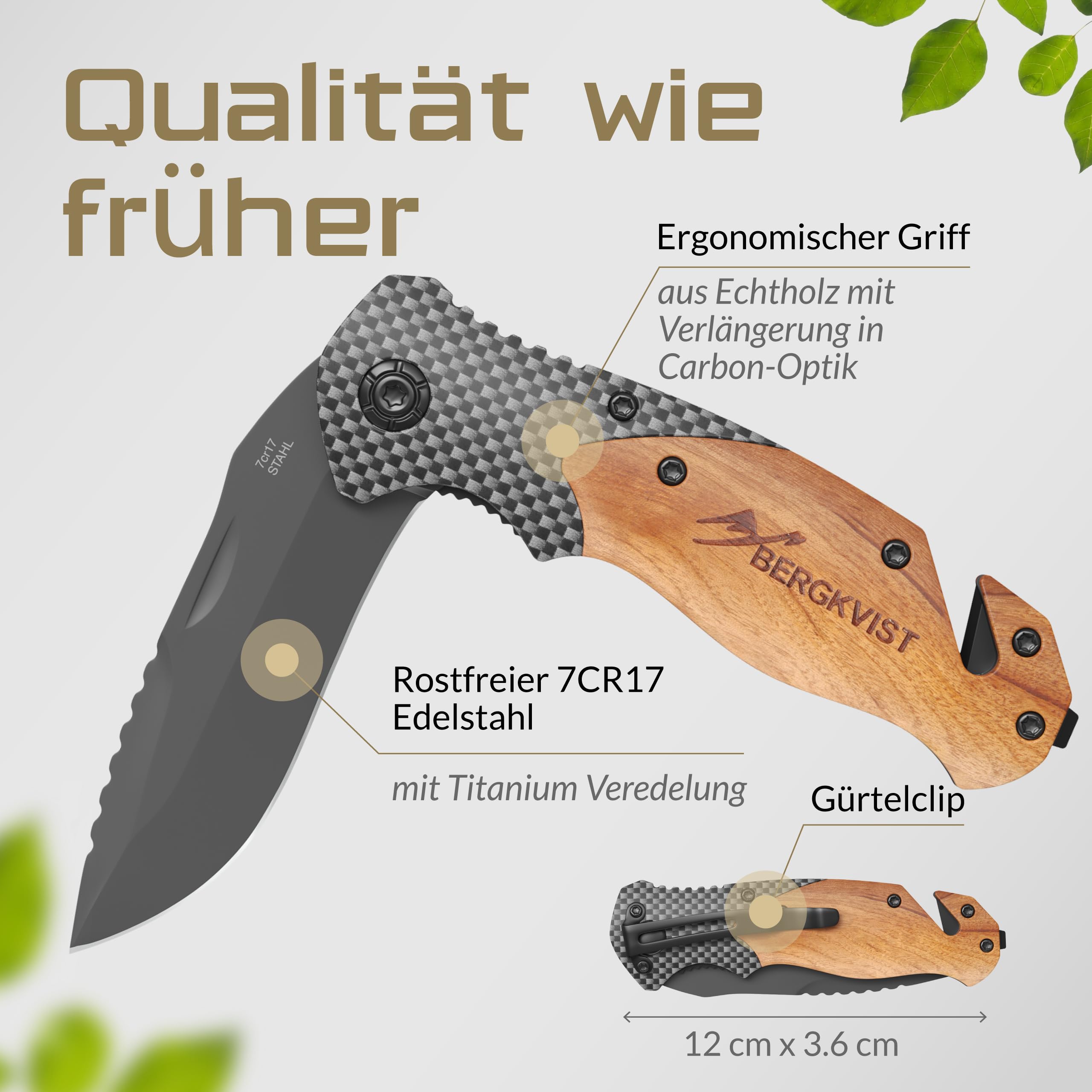 BERGKVIST® K20 Klappmesser für Outdoor & Survival [3-in-1 Zweihandmesser] | scharfes Taschenmesser, Mitführen in Deutschland erlaubt, mit Holzgriff, Glasbrecher, Gurtschneider, Feuerstahl & Tasche