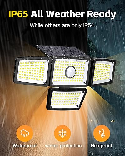 Miniatura 4 de Lámpara solar con sensor de 4 cabezales, sensor de movimiento para exteriores, 3000 lm, 283 LED, 6500 K, sensor de movimiento, IP65 impermeable,