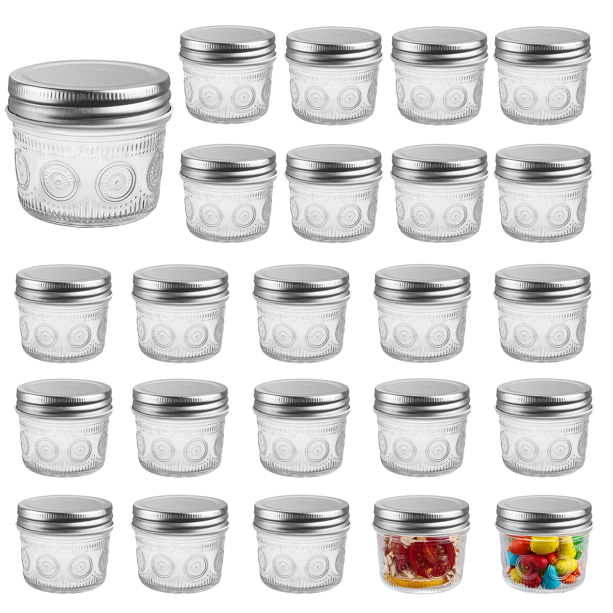 Amzcku 4 oz Glass Mason Jars with Regular Mouth Lids - 24-Pack Glass Canning Jars for Storage, Overnight Oats, Jam, Jelly, Honey, Beans, Spices, Wedding Favors, Shower Favors