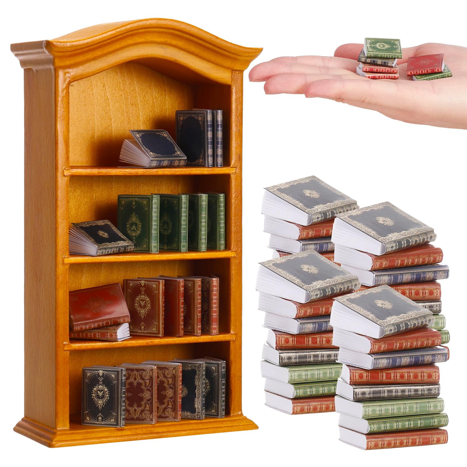 36 Pcs 1:12 Scale Miniatures Dollhouse Books and 1 Wooden Bookcase,4 Floors Furniture Display Bookshelf Cabinet Mini Assorted Books,Dollhouse Decoration Accessories for Home Bedroom(Yellow)