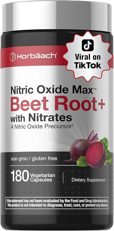 Horbäach Nitric Oxide Beet Root Capsules | 180 Count | with Nitrates and Precursor | For Men and Women | Vegetarian, Non-GMO, Gluten Free Supplement