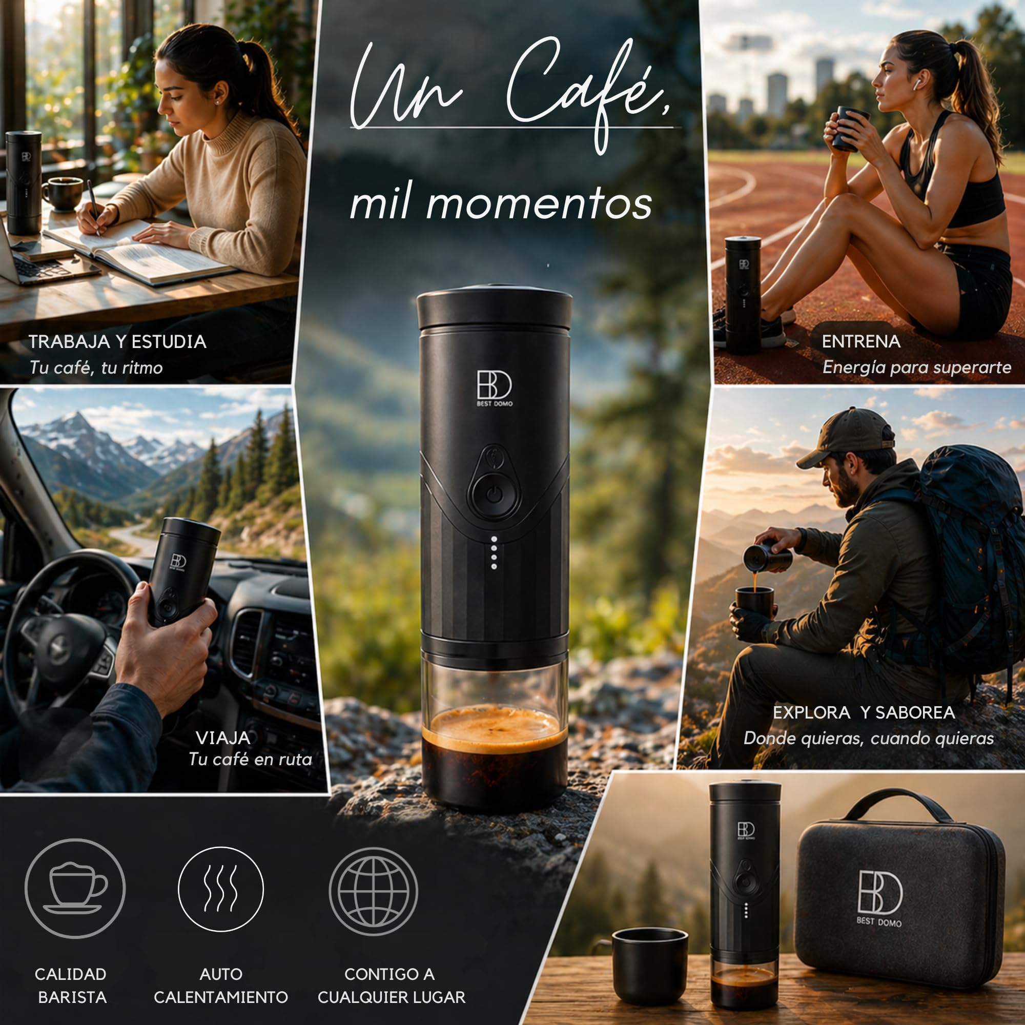Cafetera Portátil para Cápsulas Pequeñas y Café Molido, Espresso 20 Bares | Calienta el agua y prepara hasta 5 espressos por carga. USB-C recargable, con estuche ideal para coche, viajes y oficina