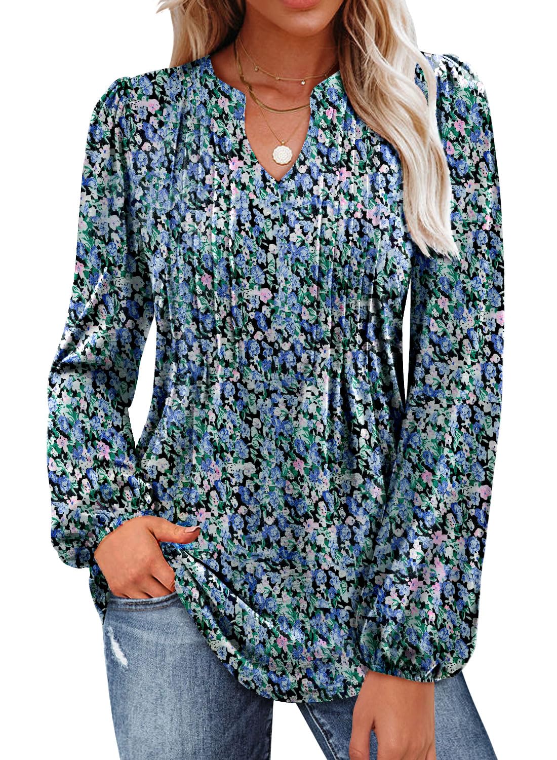 MIHOLL Women's V Neck Puff Long Sleeve T Shirts Pleated Casual Loose Tunic Blouse