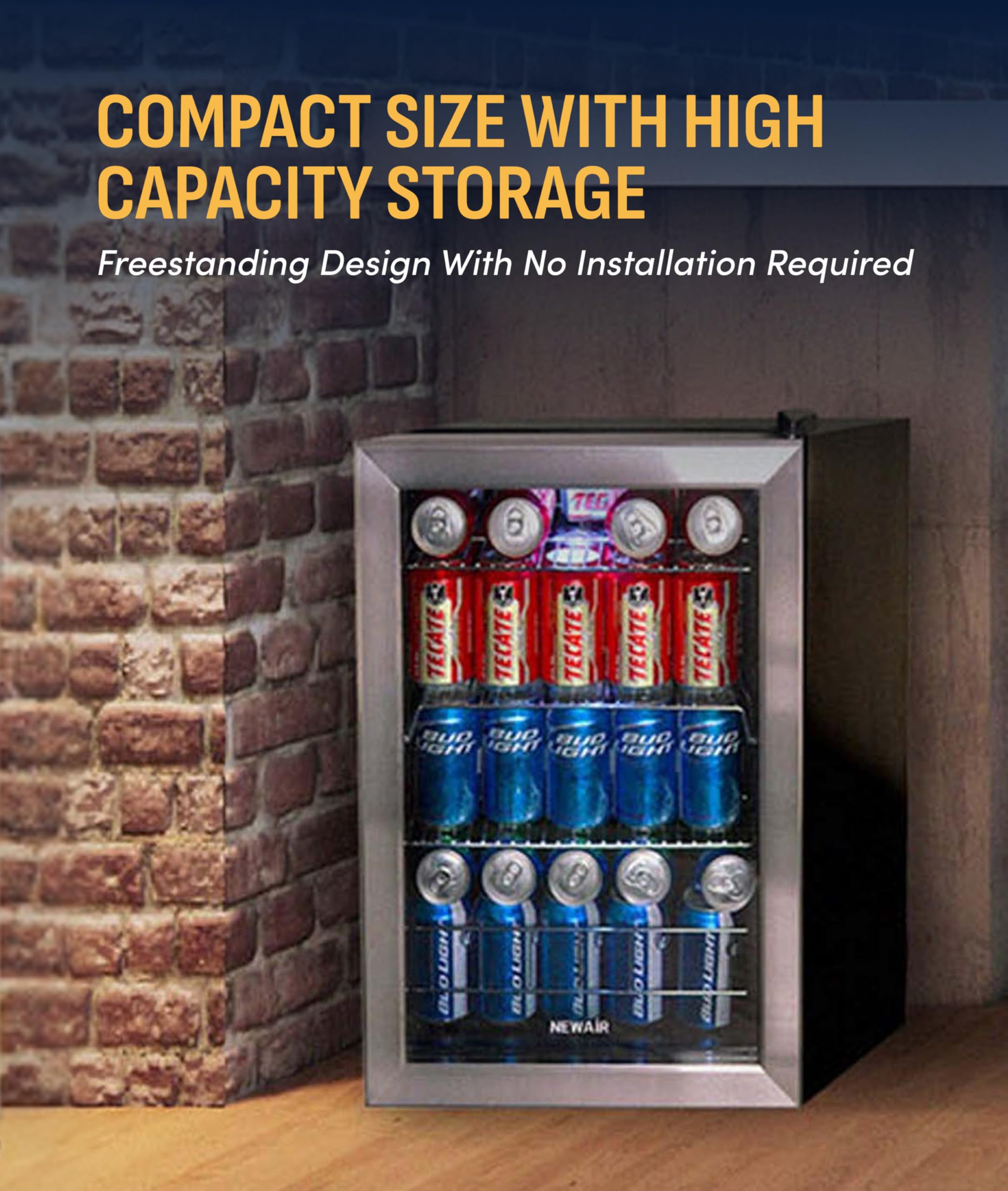NewAir 90 Can Beverage Refrigerator | 17” Freestanding Small Mini Fridge For Bedroom, Home Bar Or Office | Quiet Compressor Cooling & Adjustable Shelves | Stainless Steel on Fridge.com - View 3