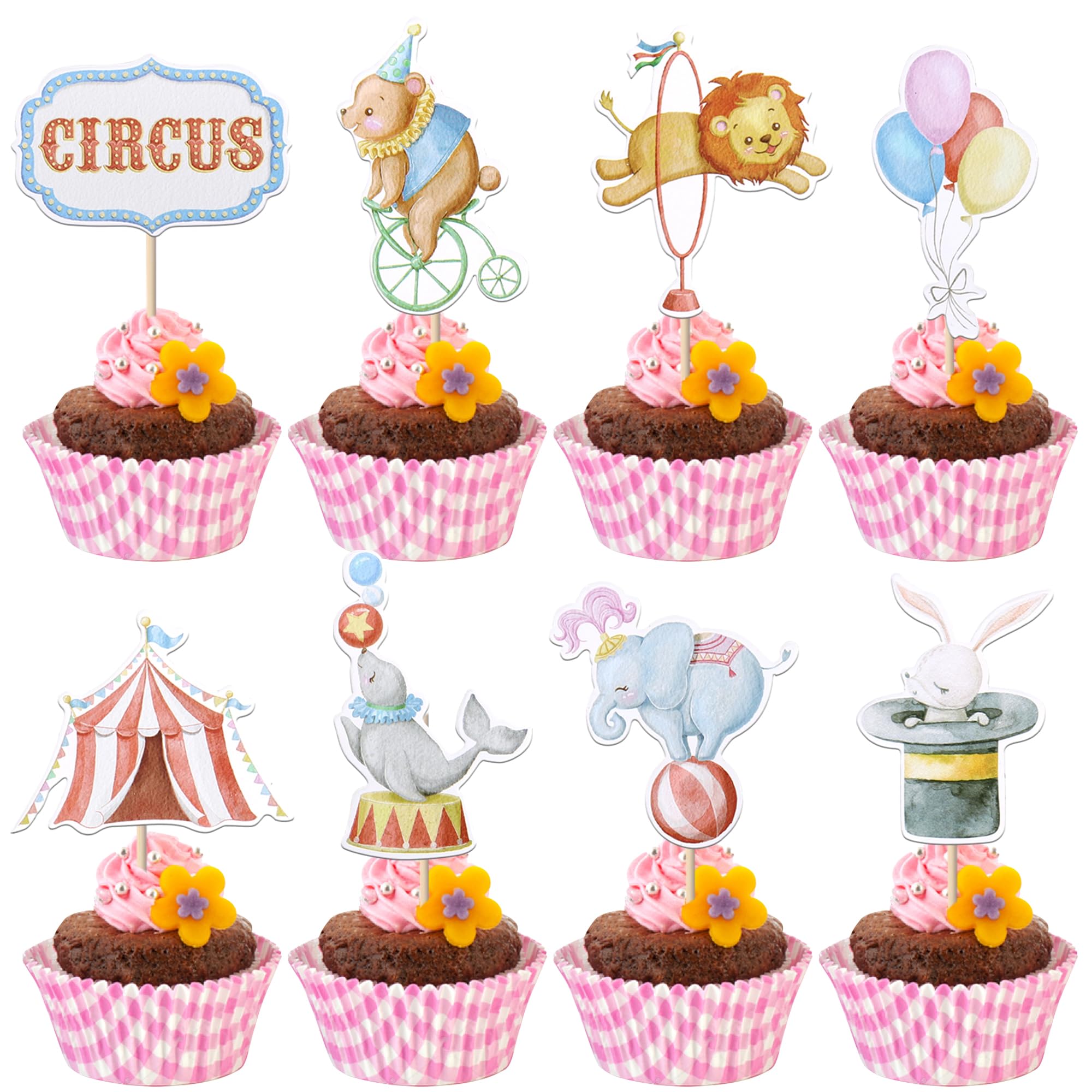 Rsstarxi 40 Pack Circus Cupcake Toppers Circus Themed Party Cake Decorations Elephant Bear Circus Animals Cupcake Picks for Carnival Themed Baby