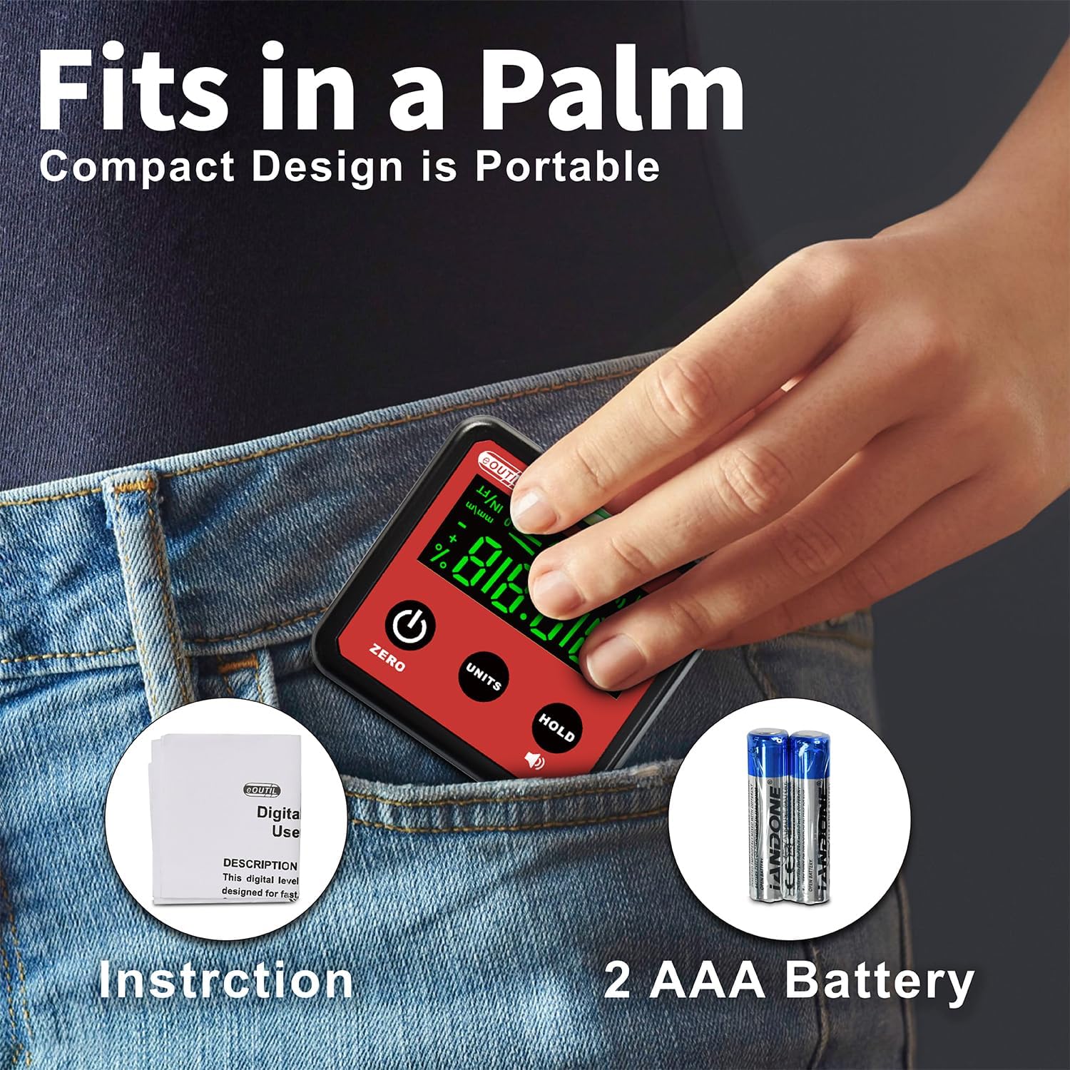 The digital angle gauge shown with a split image, one side clear and the other with water droplets, illustrating its water and dust resistant feature.