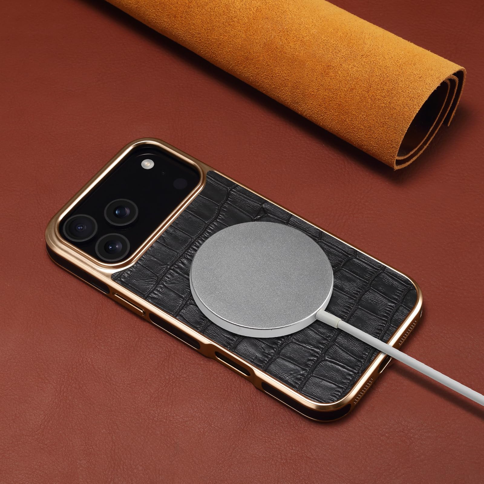 Custodia in pelle con motivo galvanizzato e ricarica wireless per iPhone 16 Plus (per iPhone 16 Plus/viola)