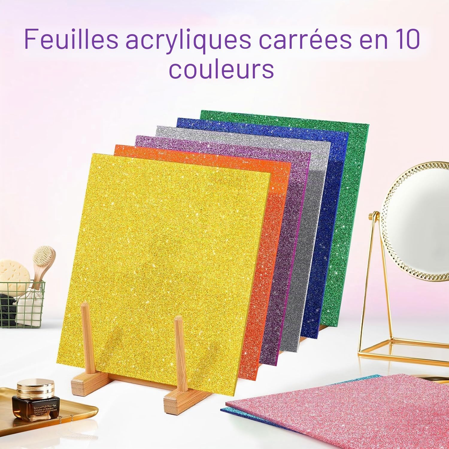 Lot de 10 plaques acryliques pailletées - 3 mm - À découper au laser - Pour bricolage, bijoux, artisanat, cadres photo, panneaux, projets d'exposition - 20 x 20 cm
