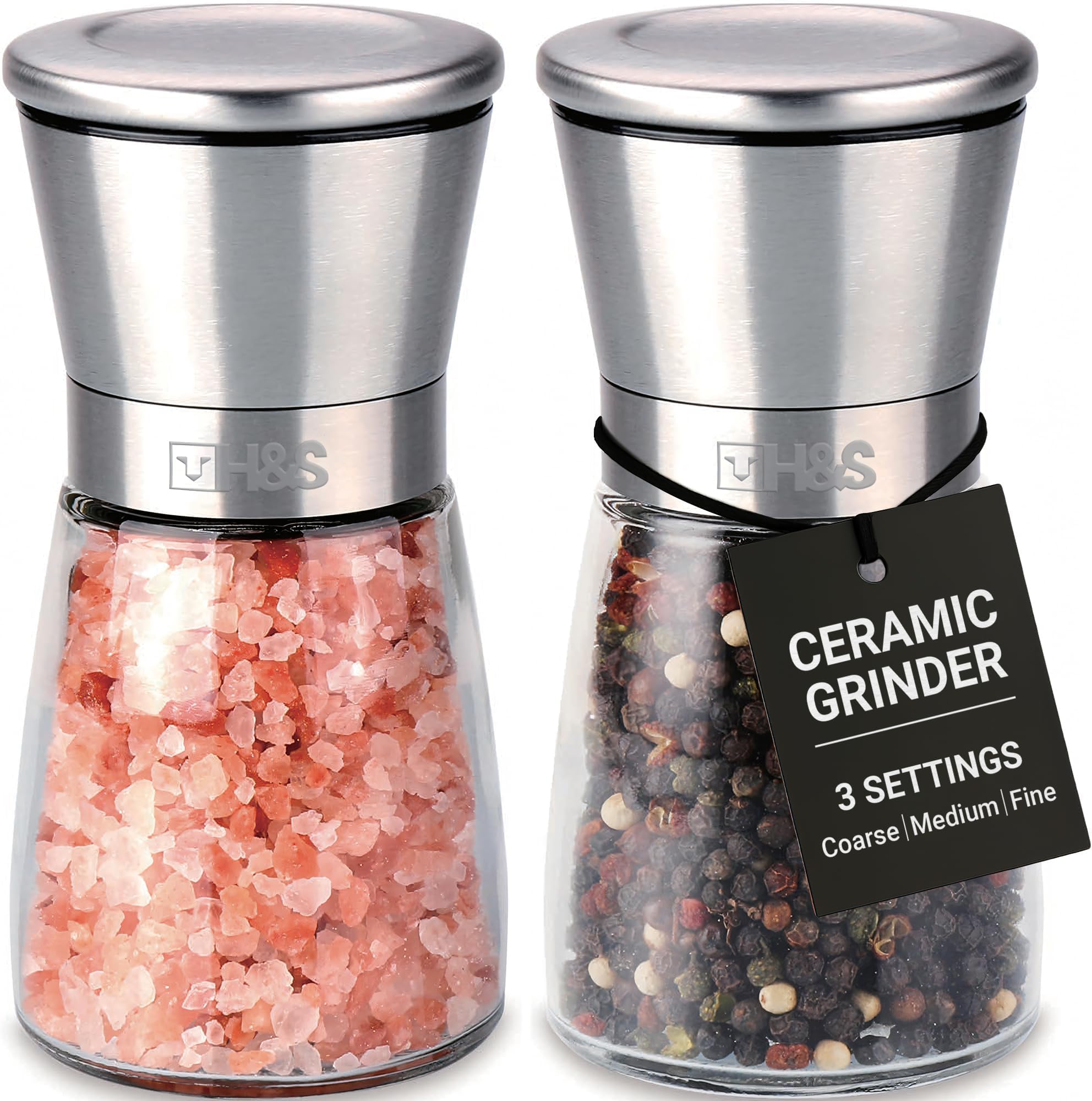 Salt and Pepper Grinder Set - Manual Mill Grinders for Kitchen - Glass and Stainless Steel Spice Mills with Adjustable Coarseness - Easy to Use and Fill - Large Capacity