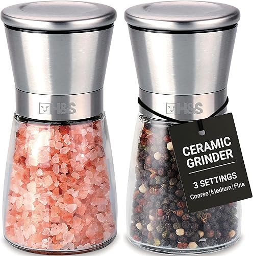 H&S Juego de molinillo de sal y pimienta, molinillos manuales para cocina, molinos de especias de vidrio y acero inoxidable con grosor ajustable,