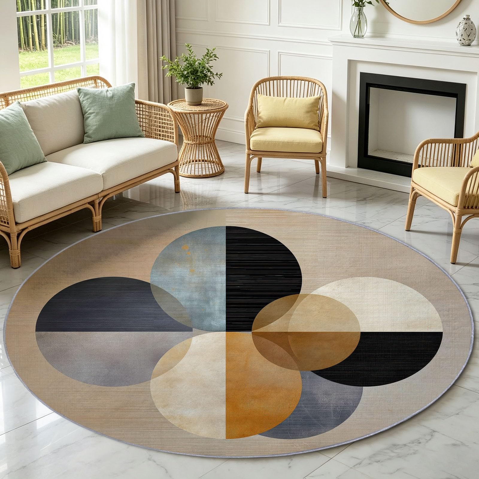 Tapis Enfant Rond Chambre d'enfant Filles Garçons, Geometrique Vintage Tapis Rond Lavable & Antidérapant pour Salon Chambre Cuisine Salle à Manger Chambre (160 cm, Lignes Circulaires)