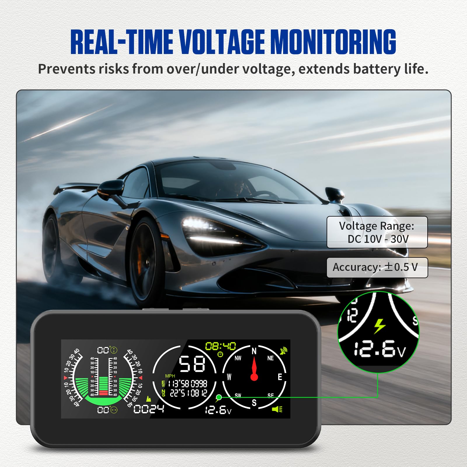BELEY Inclinometro Digitale per Auto con GPS, Velocità in Tempo Reale, Bussola LCD HD