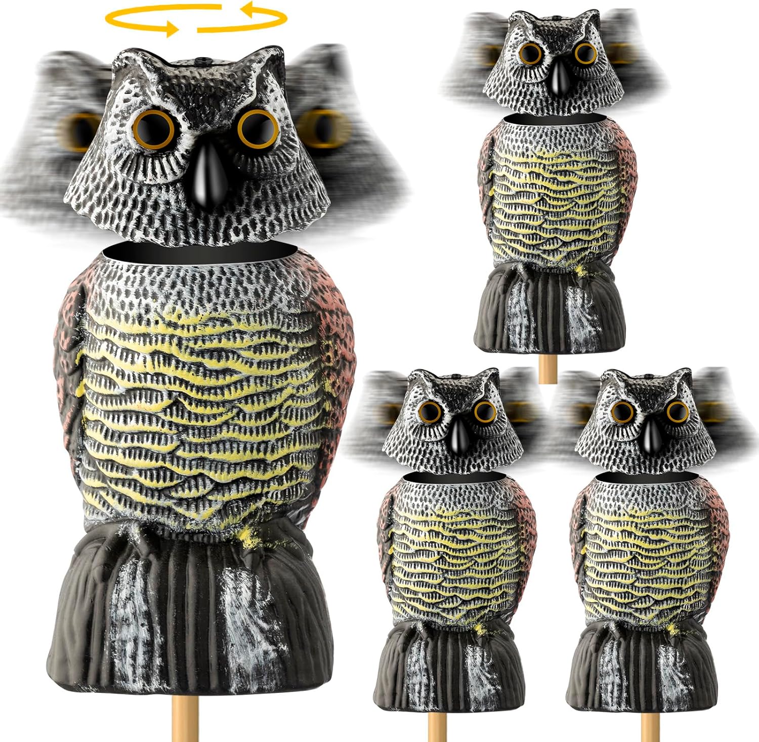 4 Pcs Fake Owl Decoys Rotating Head Small Plastic Fake Owl Pigeon for Garden Yard Owl Statues Decor