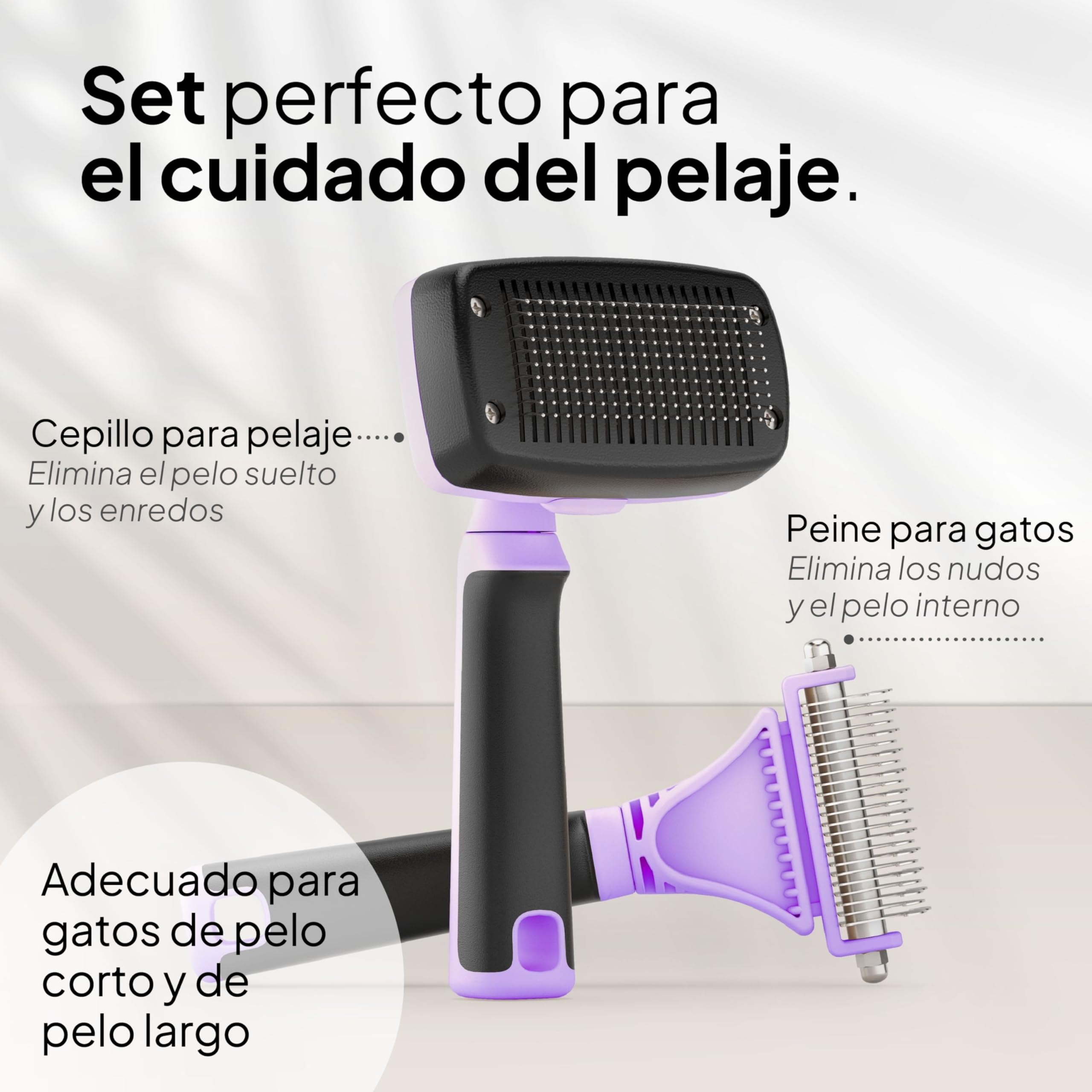 Pretty Paw Cepillo para gatos - Set de cepillado 2 piezas con carda y peine fino, cuidado suave durante la muda (Lavanda)