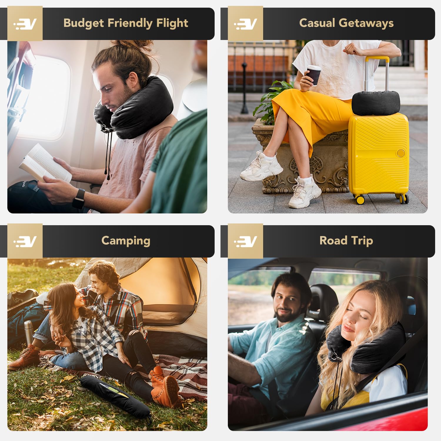 Vokelater Stuffable Neck Pillow for Travel, Neck Pillow for Extra Luggage Storage Ideal 1-3 Days Travel Essentials, Adjustable U-Shapes Airplane Pillow Size, Soft Velvet Cover, No Filler, Black 4