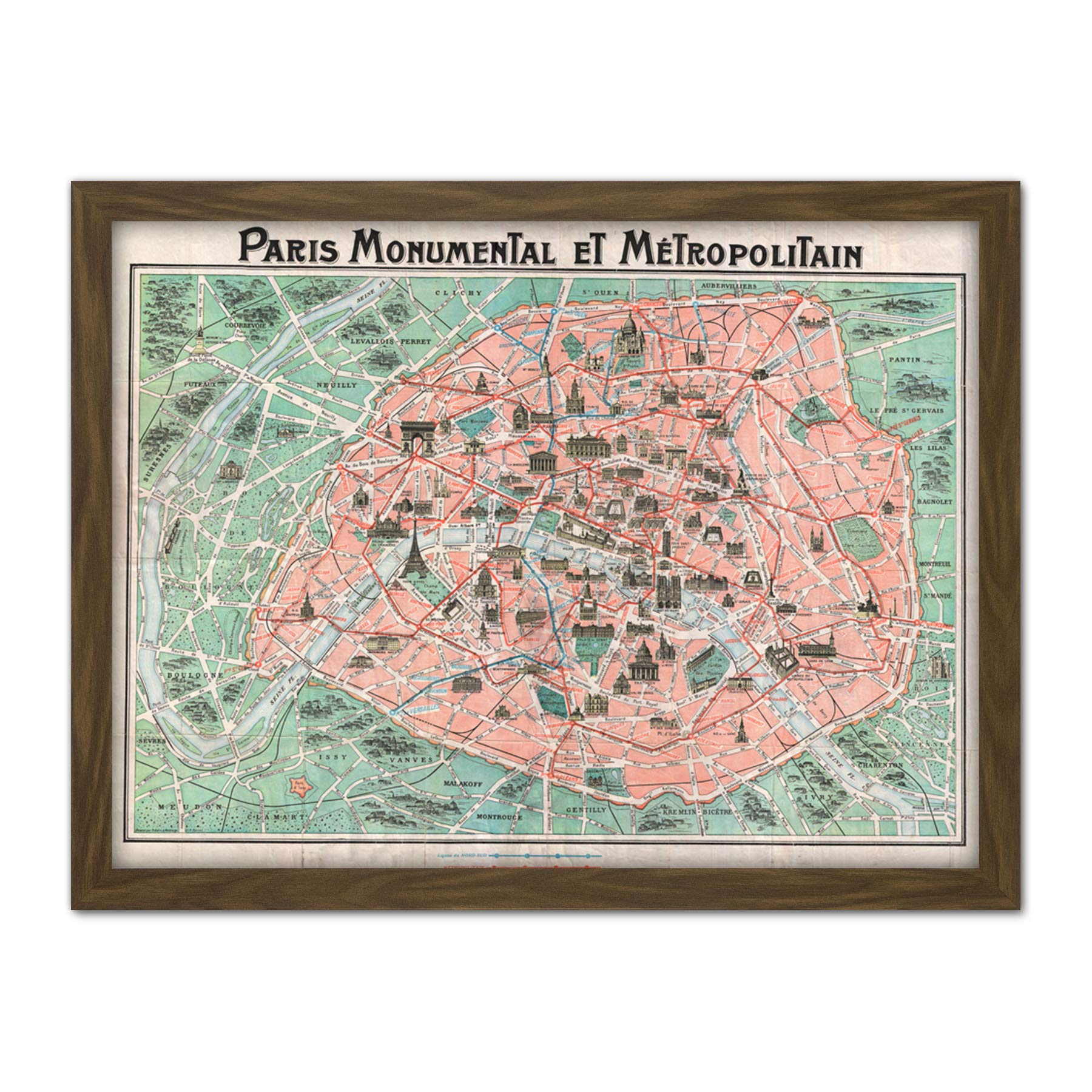 Wee Blue Coo Robelin Paris Monument Map French Artwork Framed Wall Art Print 18X24 Inch