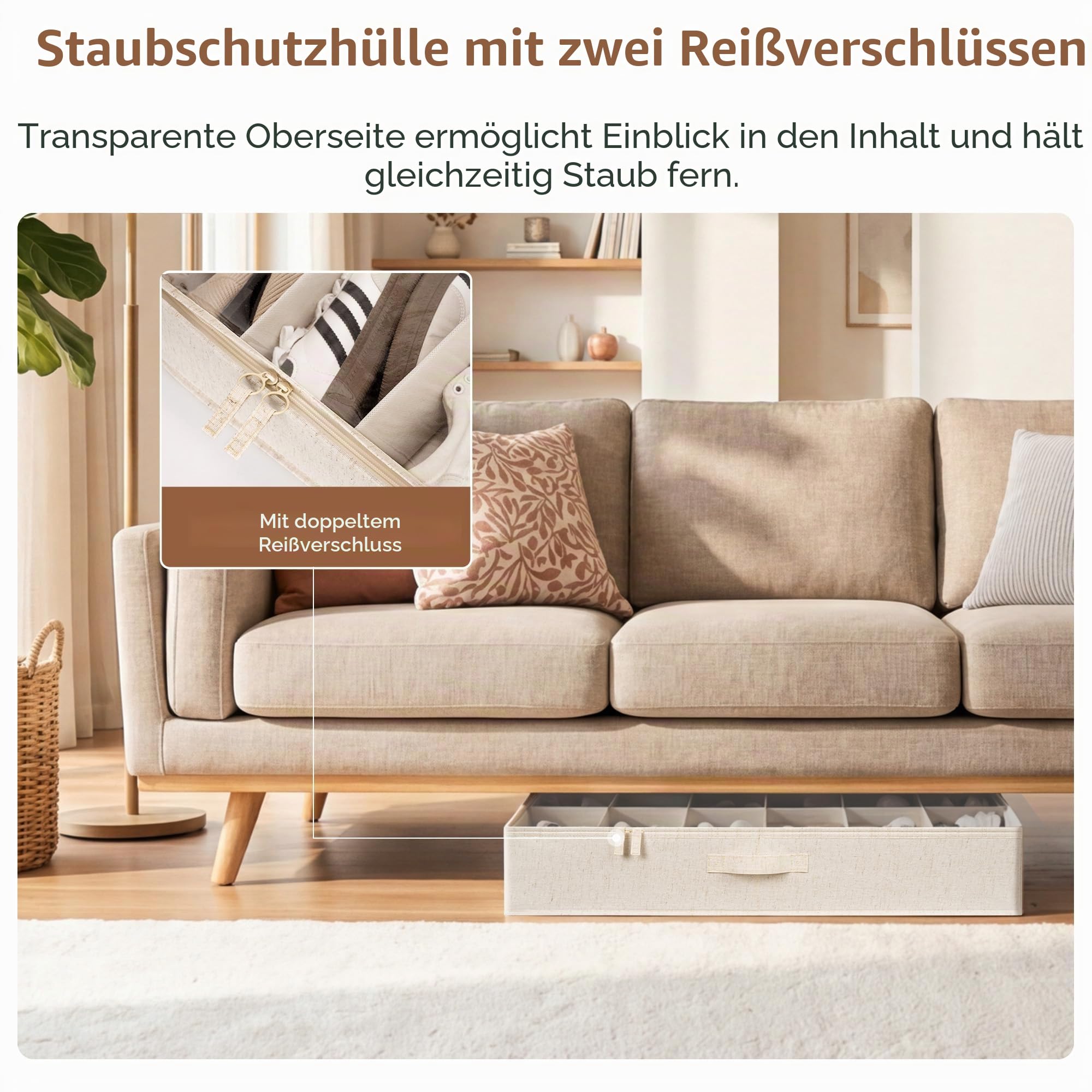 StorageWorks Schuhaufbewahrung für Schrank, für bis zu 24 Paare, Stoff Aufbewahrungsbox Unterbett mit verstellbaren Trennwänden, Schuhkasten für unter das Bett, beige (Baumwolle-Leinen), 2 Stück