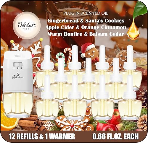 Kit de iniciación de repuestos de aceite perfumado enchufable, 12 aromas navideños + 1 calentador, aceites esenciales, pan de jengibre, galletas de
