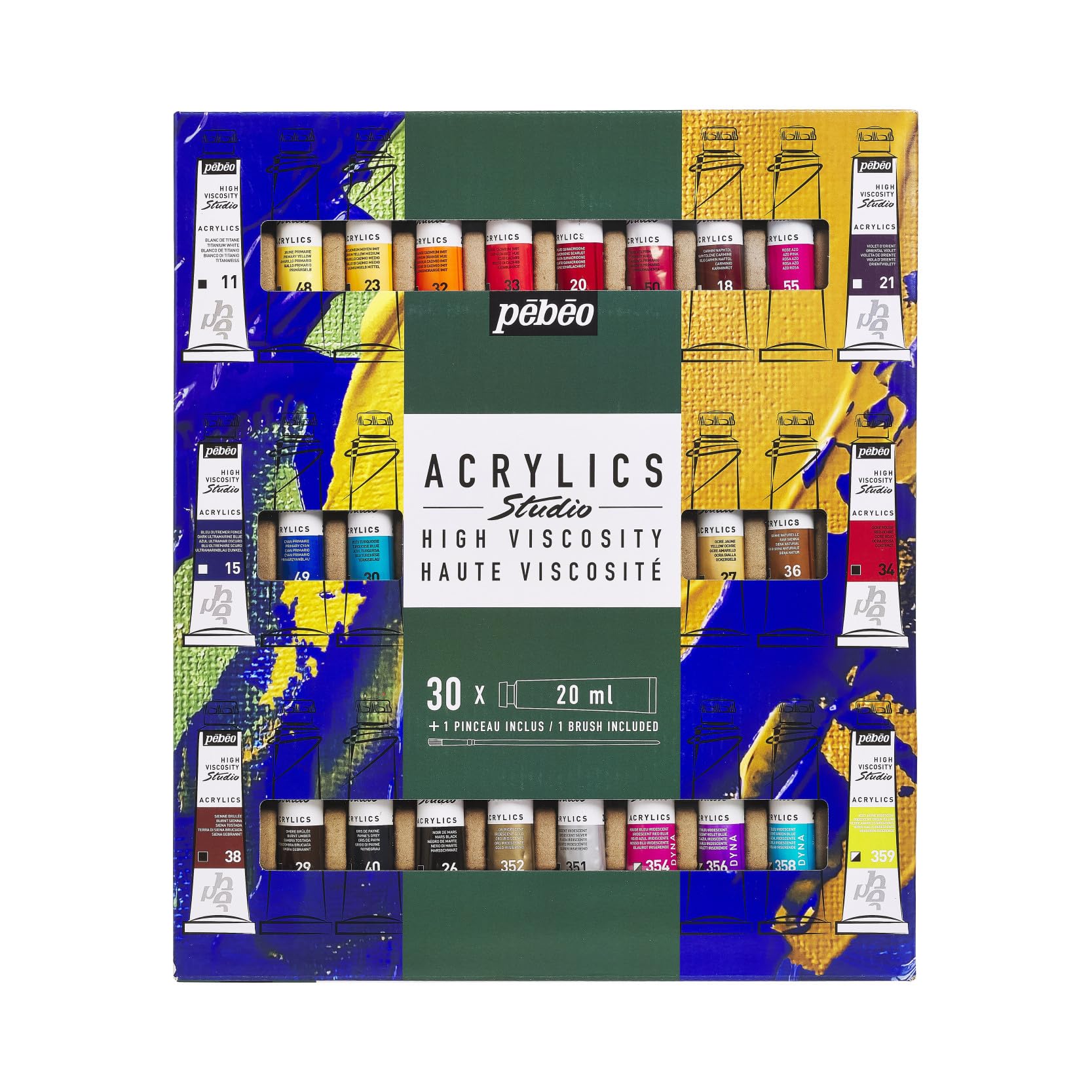 Pébéo Studio Acrylics - Estuche de Pintura Acrílica - 30 Tubos de 20 ml + Pincel - Colores Variados - Alta Pigmentación