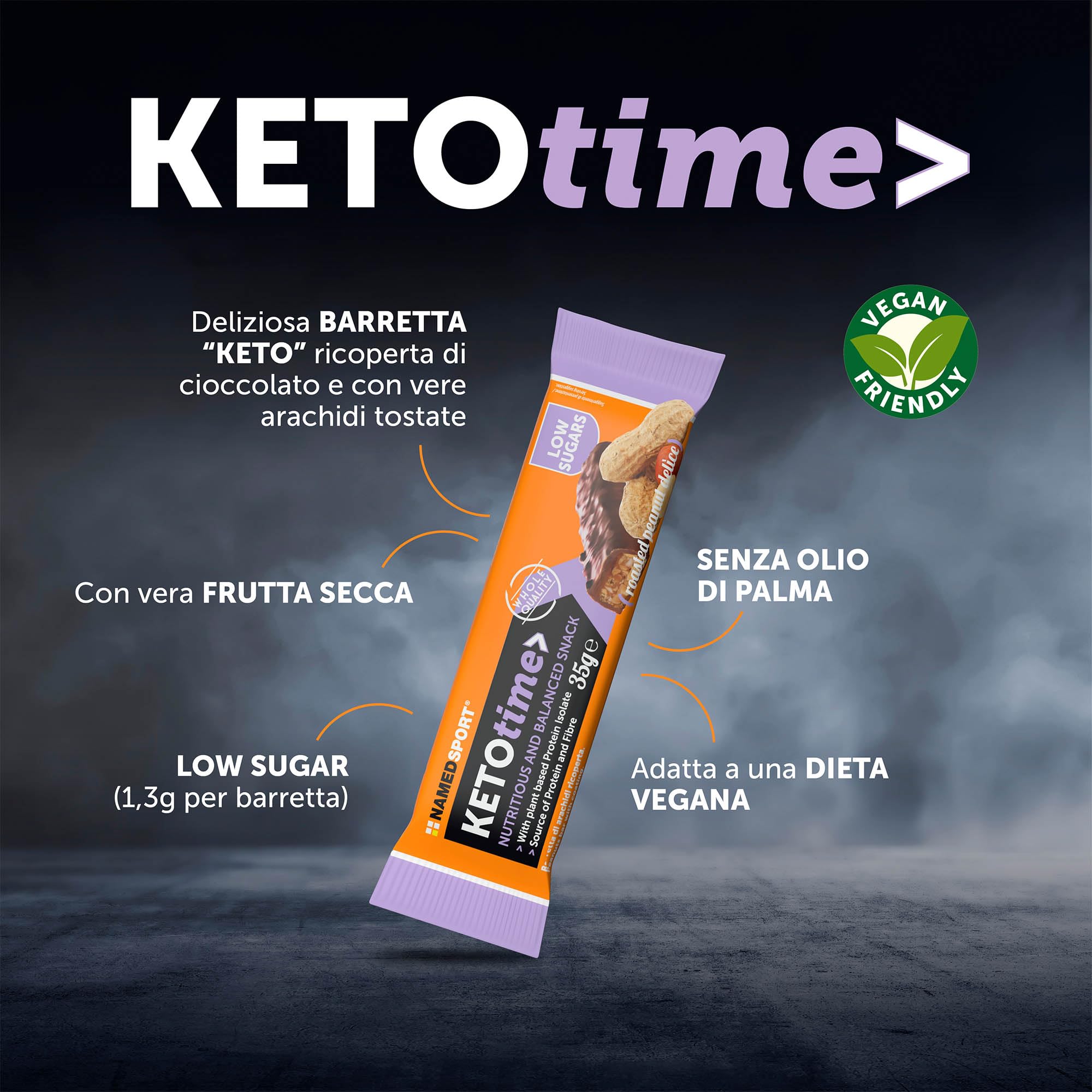 NAMEDSPORT> KETOTIME> deliziosa Barretta Keto a ridotto apporto di zuccheri, ricoperta di cioccolato e con vere arachidi tostate, Perfetta come Spuntino, Confezione da 15 barrette.