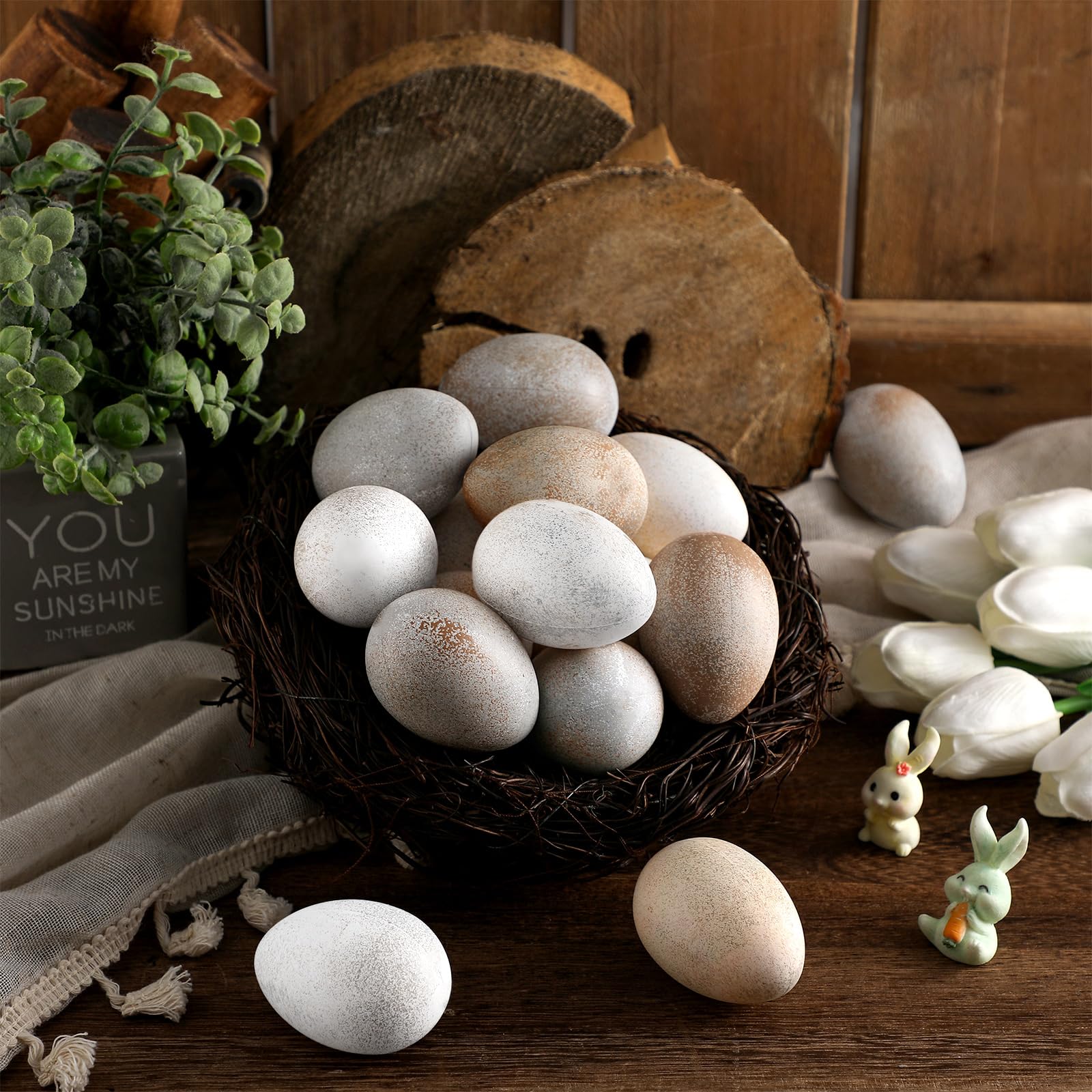 Gejoy 24 Pcs Easter Speckled Vintage Eggs Neutral Textured Plastic Eggs Pastel Fake Easter Decoration Bowl Basket Vase Fillers Rustic Spring Matt Decor for DIY Home Table Hunts (Brown)