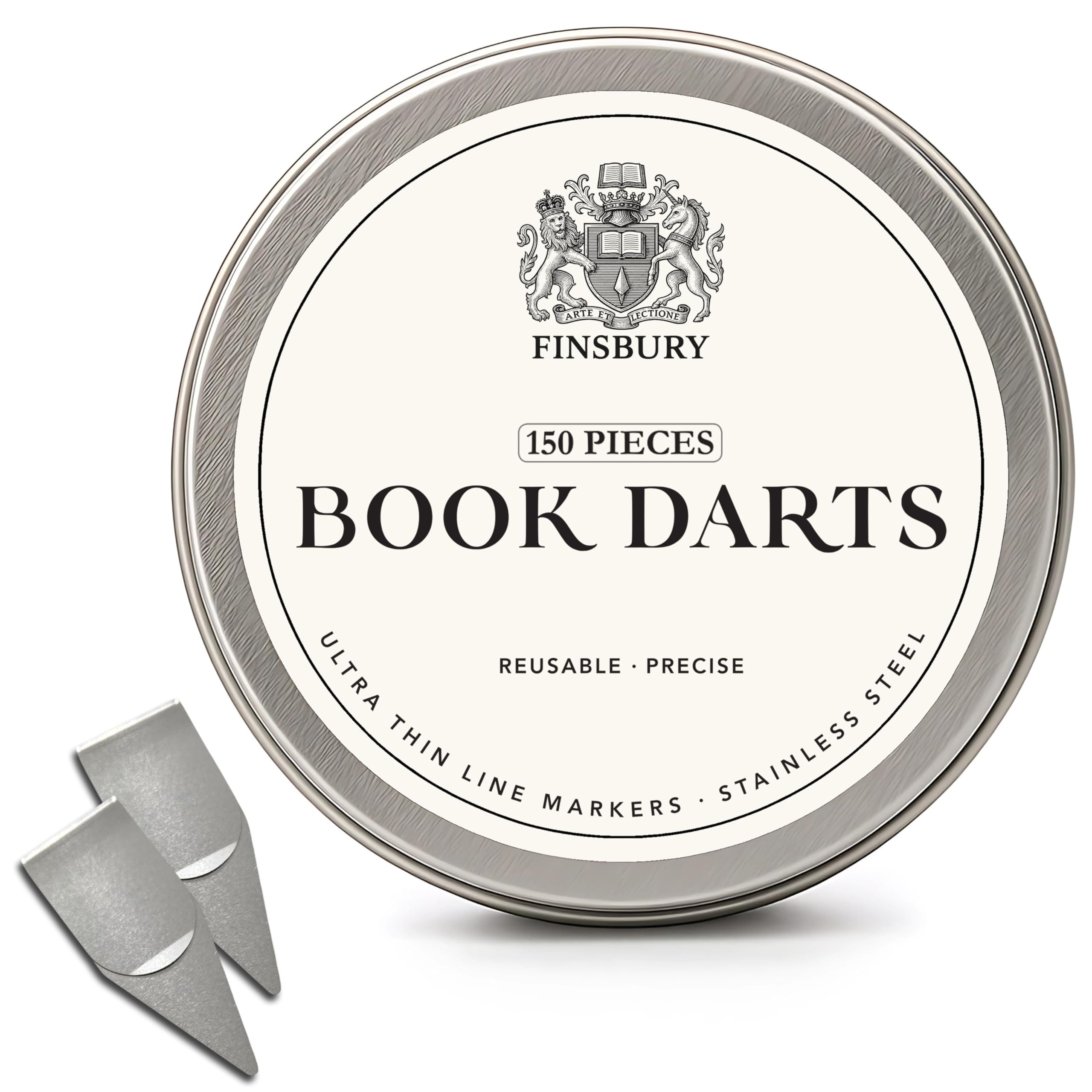 Finsbury Book Darts Line Markers with Protective Tin - Precision Mini Book Mark Page Markers for Reading and Study - Reusable & Archival Quality (Stainless Steel, 150)