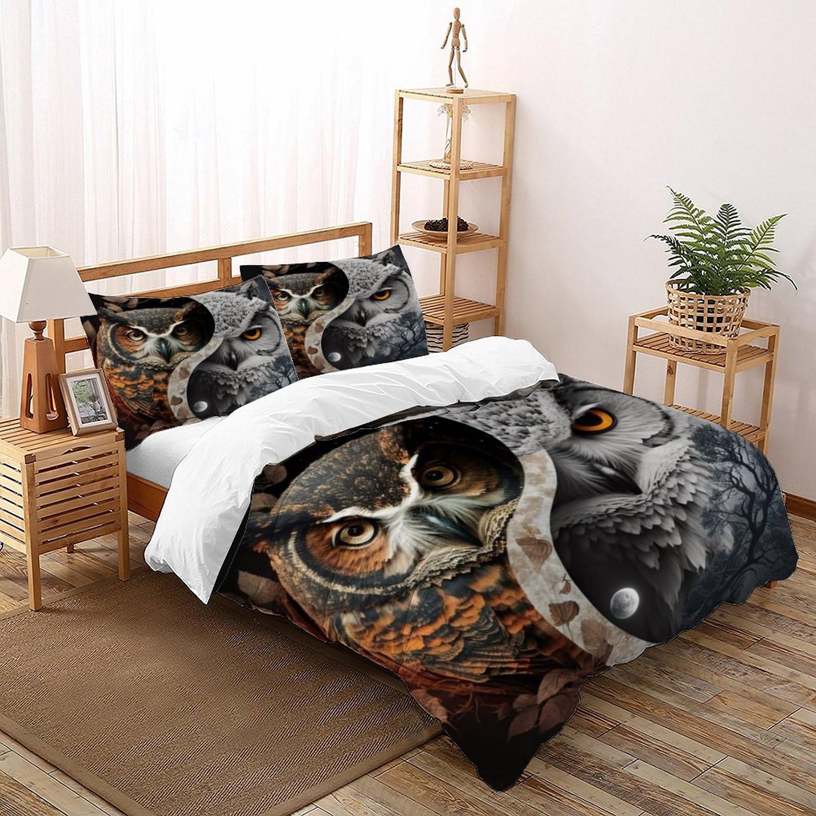 Housses de couettes microfibre anti-plis imprimé chouette sauvage pour lit double
