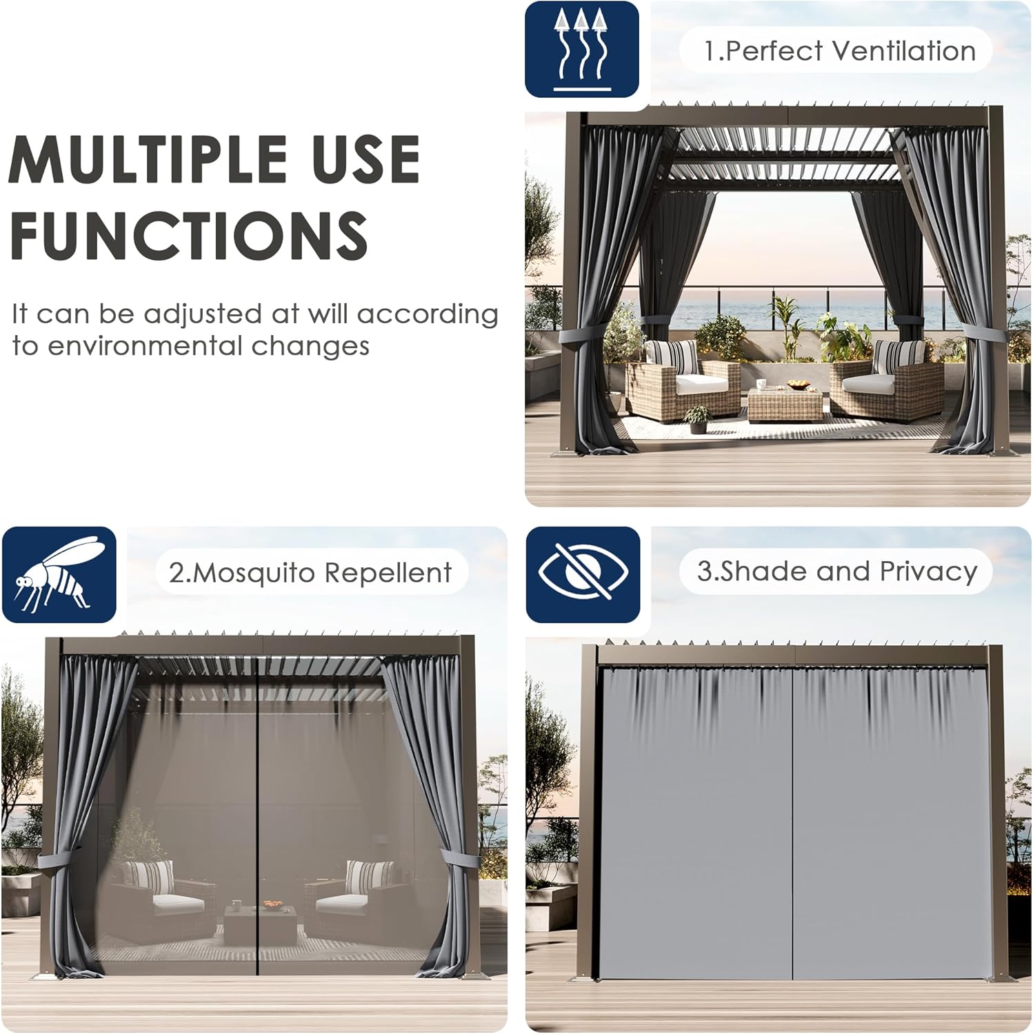 10'x10' Metal Pergola, Outdoor Patio Pergola with Hardtop Roof,Aluminum Pergolas with Curtains,Waterproof Gazebo for Garden,Patio,Gray