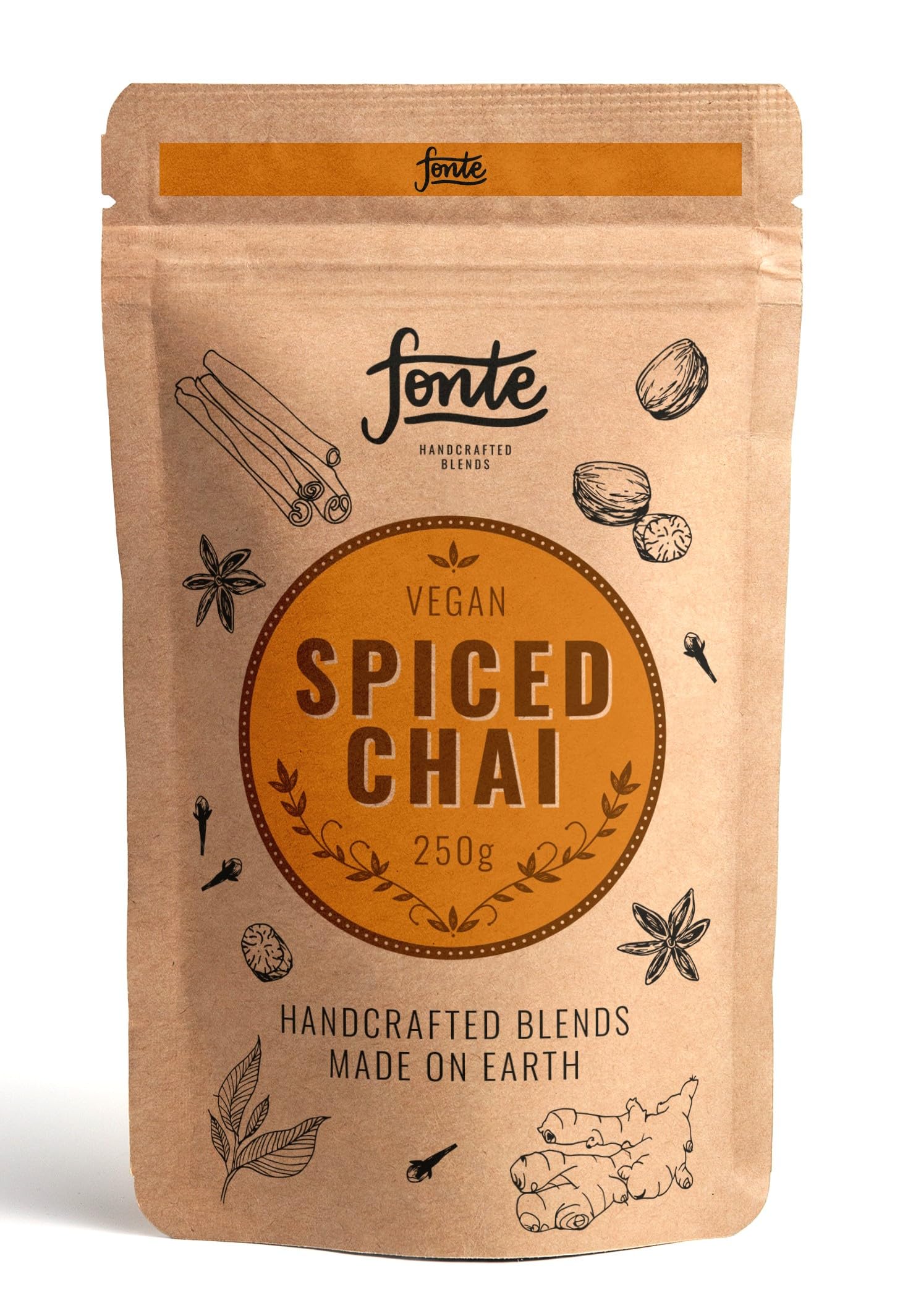 Fonte Handcrafted Vegan Spiced Chai Tee Mischung, 250g Pulver, Traditionelle Gewürzmischung mit Schwarztee, Ingwer und Zimt, 12 Portionen