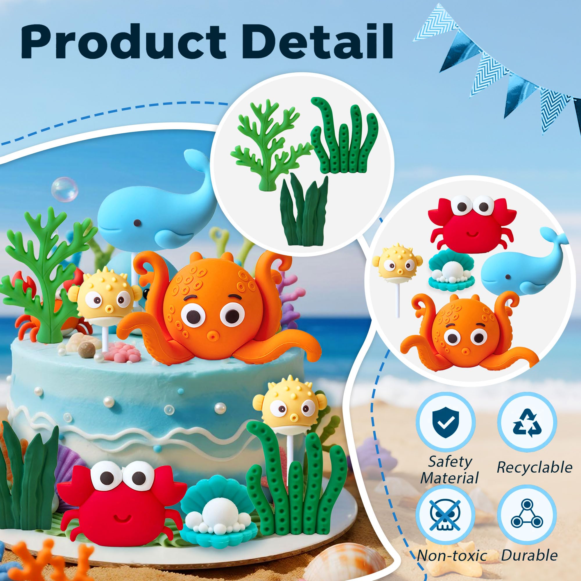 Under the Sea Ocean Birthday Cake Decorations Sea Ocean Party Favor Supplies for Sea Ocean Theme Baby Shower Birthday Party - Image 3