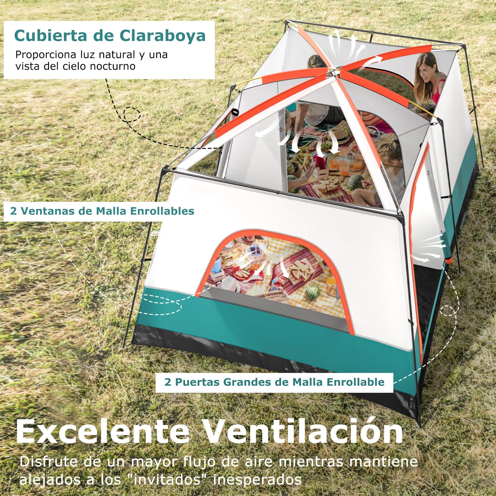 COSTWAY Tienda de Campaña 4-10 Personas, Porche, 2 Habitaciones, 2 Puertas, 2 Ventanas de Malla, Tienda de Campaña Familiar Grande, Capa Doble para Camping, Picnic